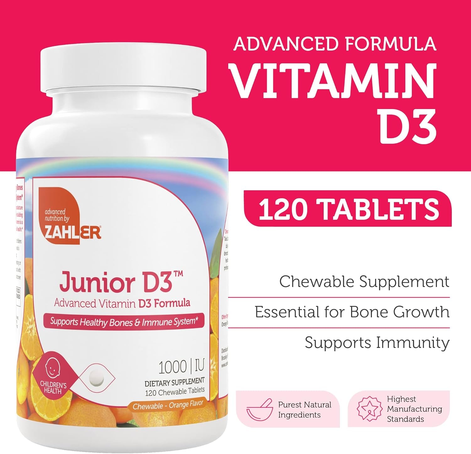 Zahler Junior D3 Vitamins 1000 IU - for Kids - Vitamin D for Kids to Support Bone, Teeth & Immune Health - Kosher Orange Flavor - 120 Count.