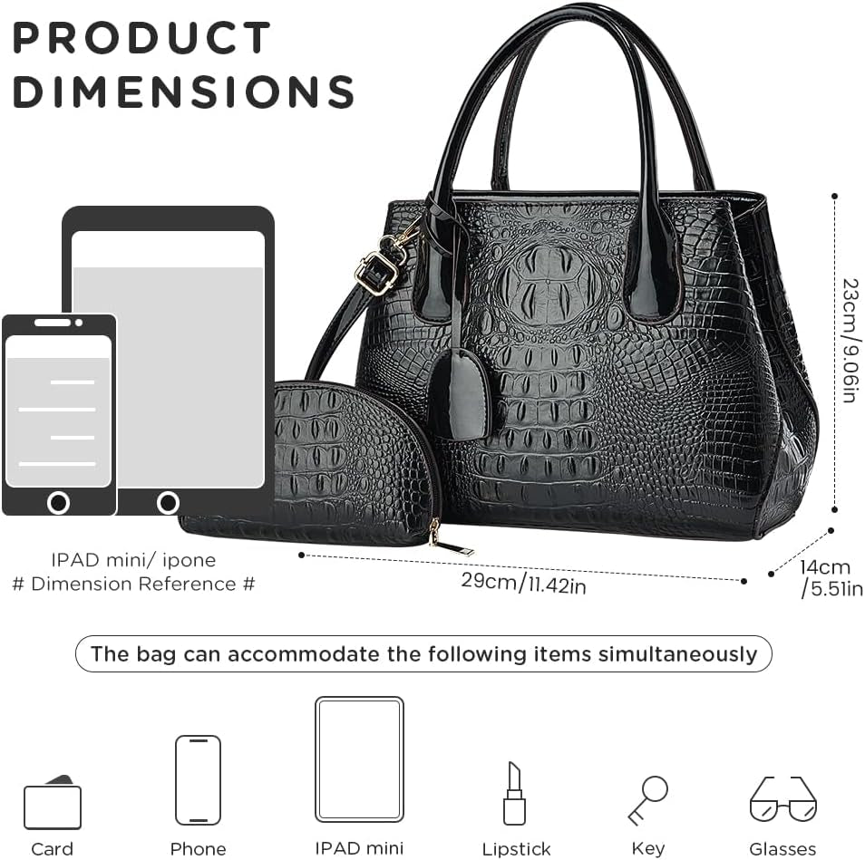 Crocodile Embossed PU Leather Handbag Set - 2-Piece Tote with Matching Pouch, Stylish and Durable Shoulder Bag for Women (Black)