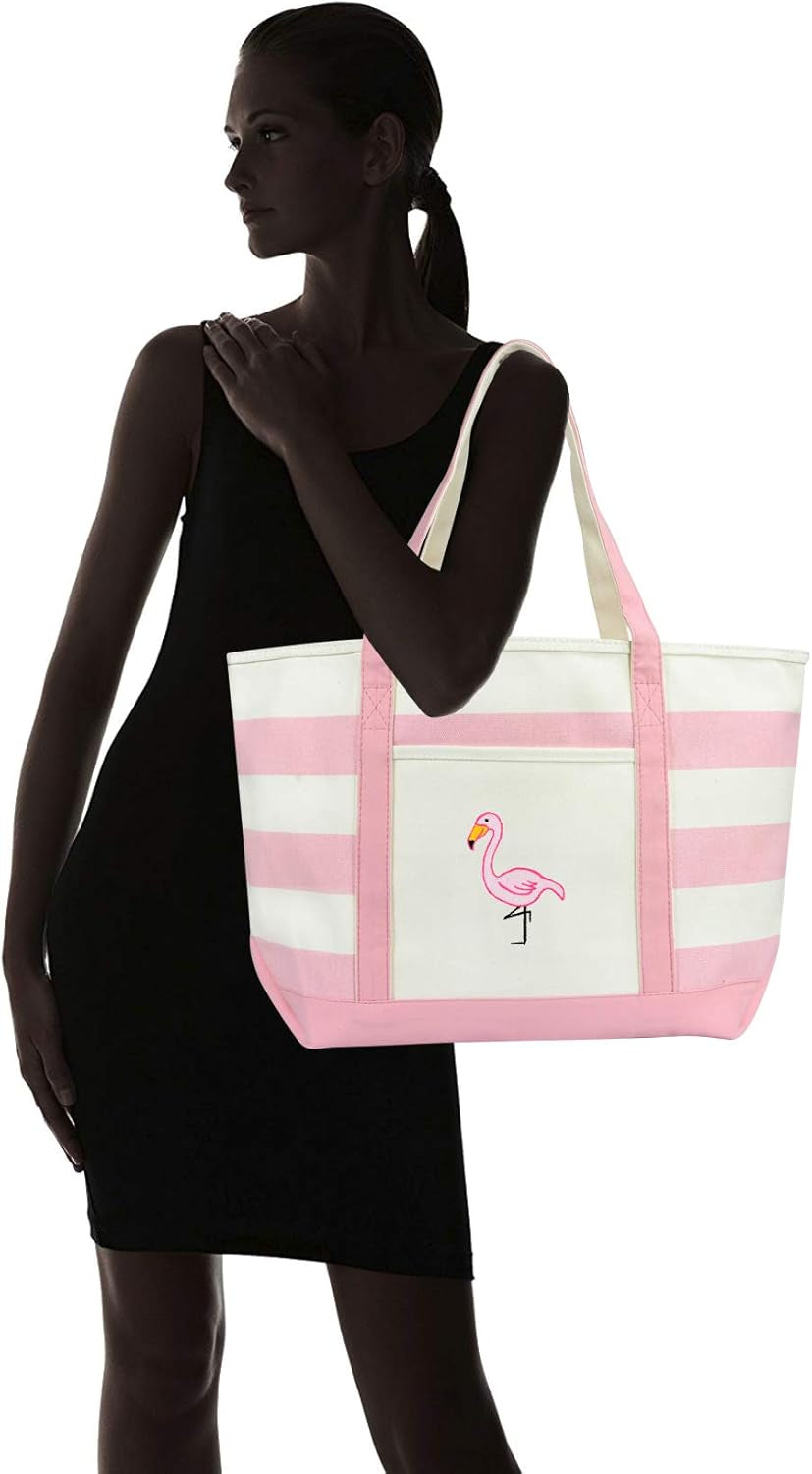 DALIX Flamingo Striped Canvas Tote Bag Premium Cotton