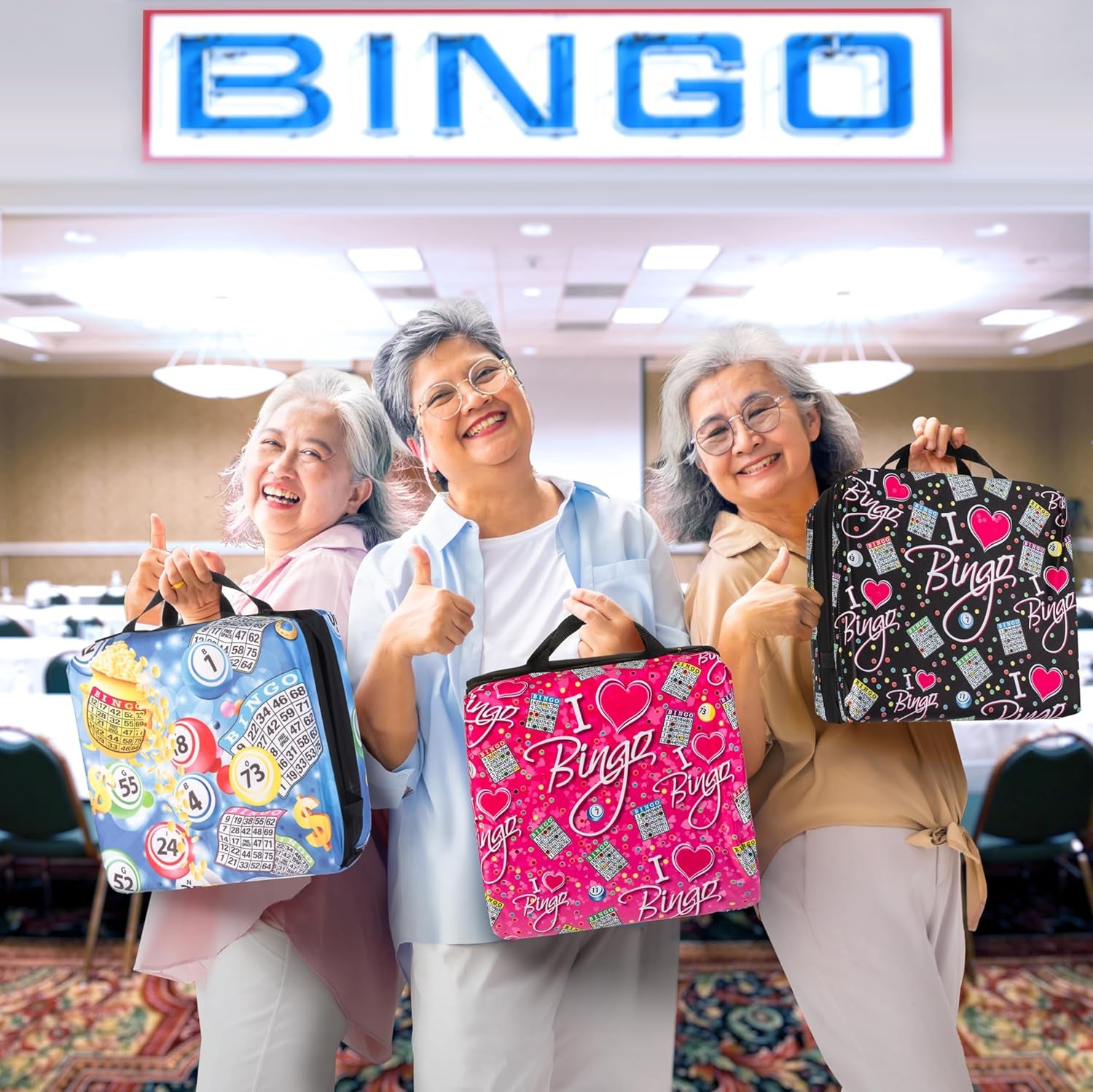 I Love Bingo Pink Tote Bag with 10 Pockets for Daubers, Markers & Accessories – Durable Bingo Bag with Zipper, Portable Bingo Gift for Women, Seniors & Players