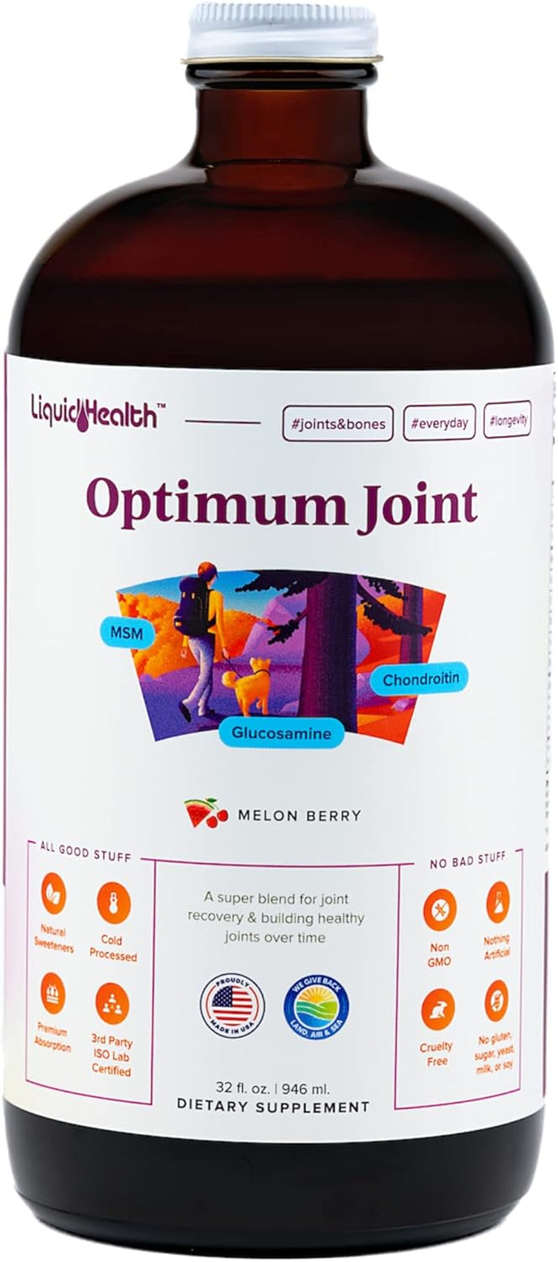 LIQUIDHEALTH Optimum Joint Support Supplement with Glucosamine, Chondroitin, MSM, Hyaluronic Acid - Triple Strength Liquid Vitamins, Gluten-Free, Dairy-Free, Soy-Free Joint Juice, Made in USA (32 Oz)