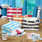 10 Pcs Canvas Tote Bags Bulk for Women Canvas 17 X 12 X 8 Inch Waterproof Stripe Sandproof Large Beach Tote Bags with Handle for Wedding Bridesmaid Birthday Summer