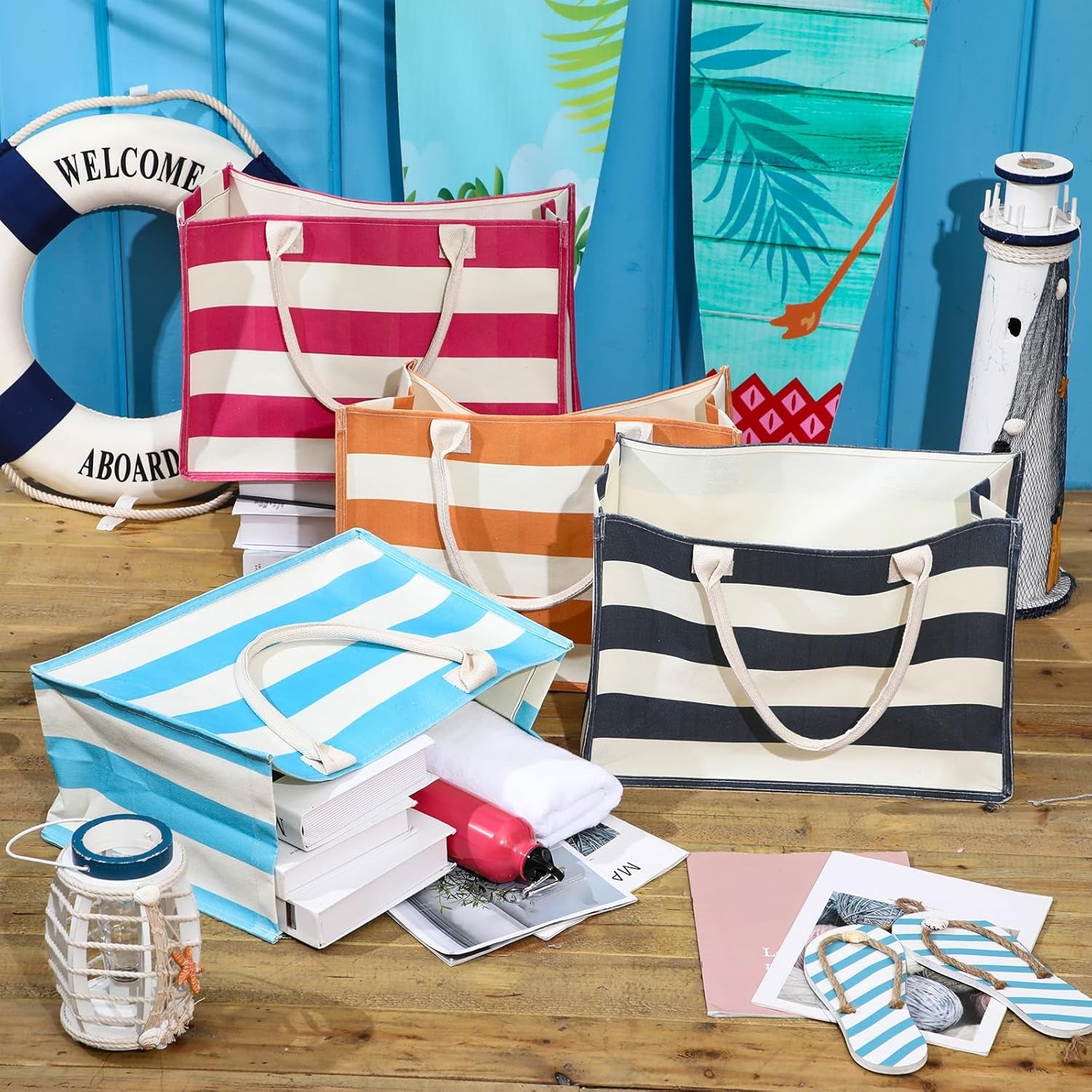 10 Pcs Canvas Tote Bags Bulk for Women Canvas 17 X 12 X 8 Inch Waterproof Stripe Sandproof Large Beach Tote Bags with Handle for Wedding Bridesmaid Birthday Summer
