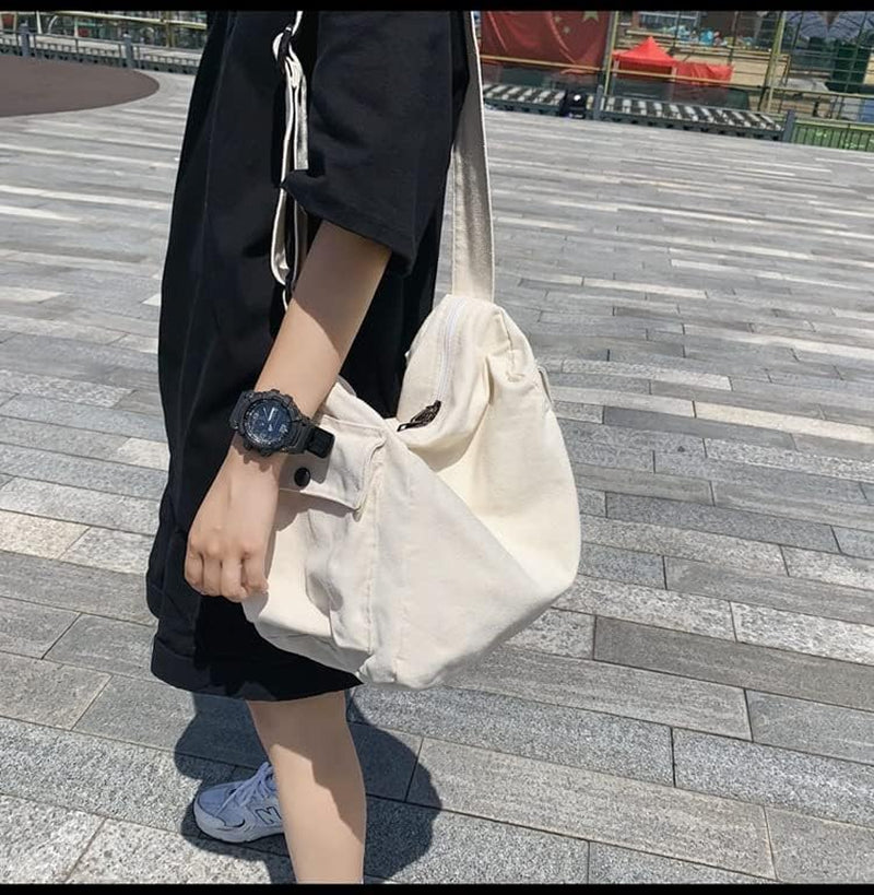 Grunge Canvas Casual Messenger Bag Hobo Crossbody Bag with with Multiple Pockets Shouder Tote Handbag for Women and Men (White)