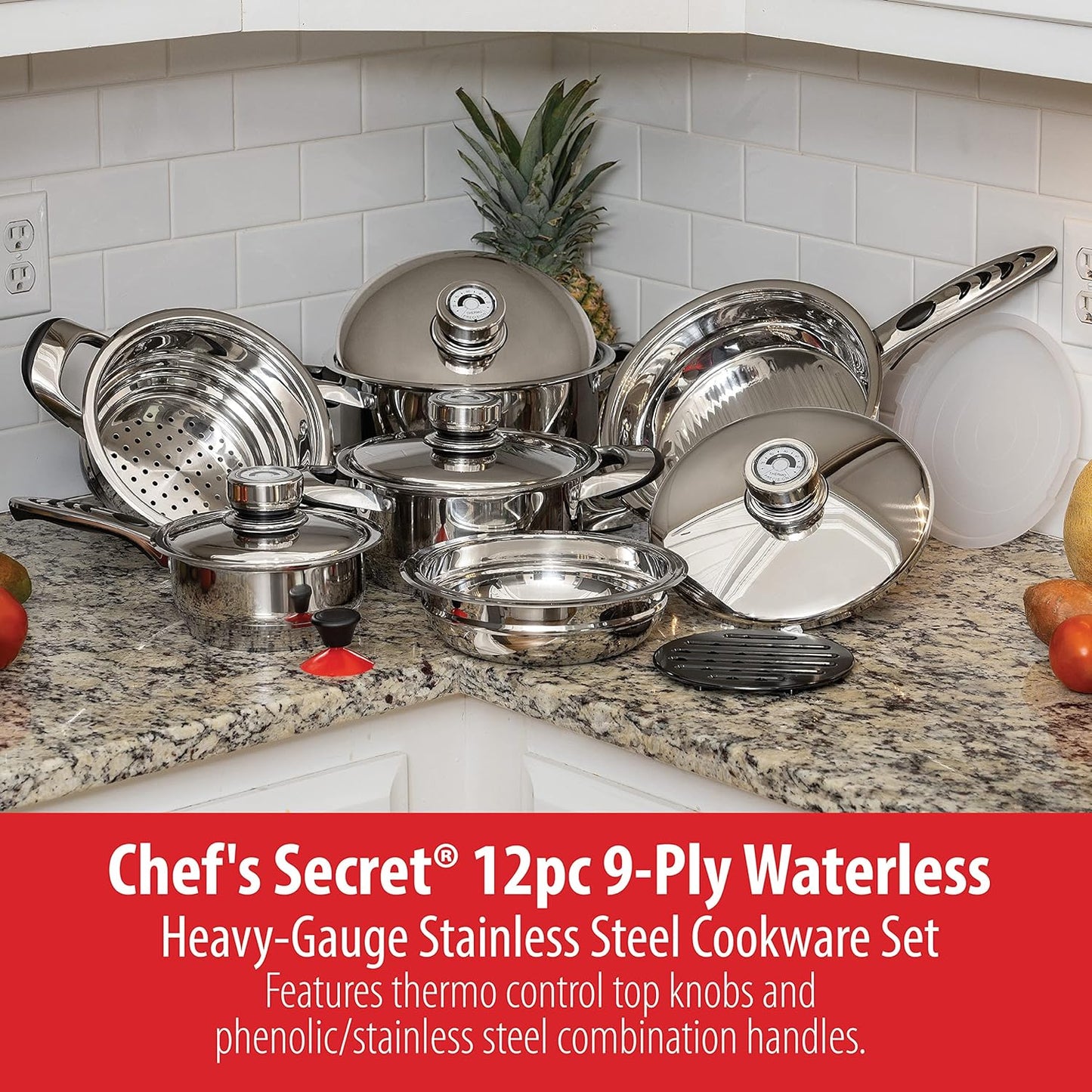 Chef'S Secret 9-Ply Waterless Heavy Gauge Cookware Set, Durable Stainless Steel Construction with Thermo Control Top Knobs, 12-Pieces