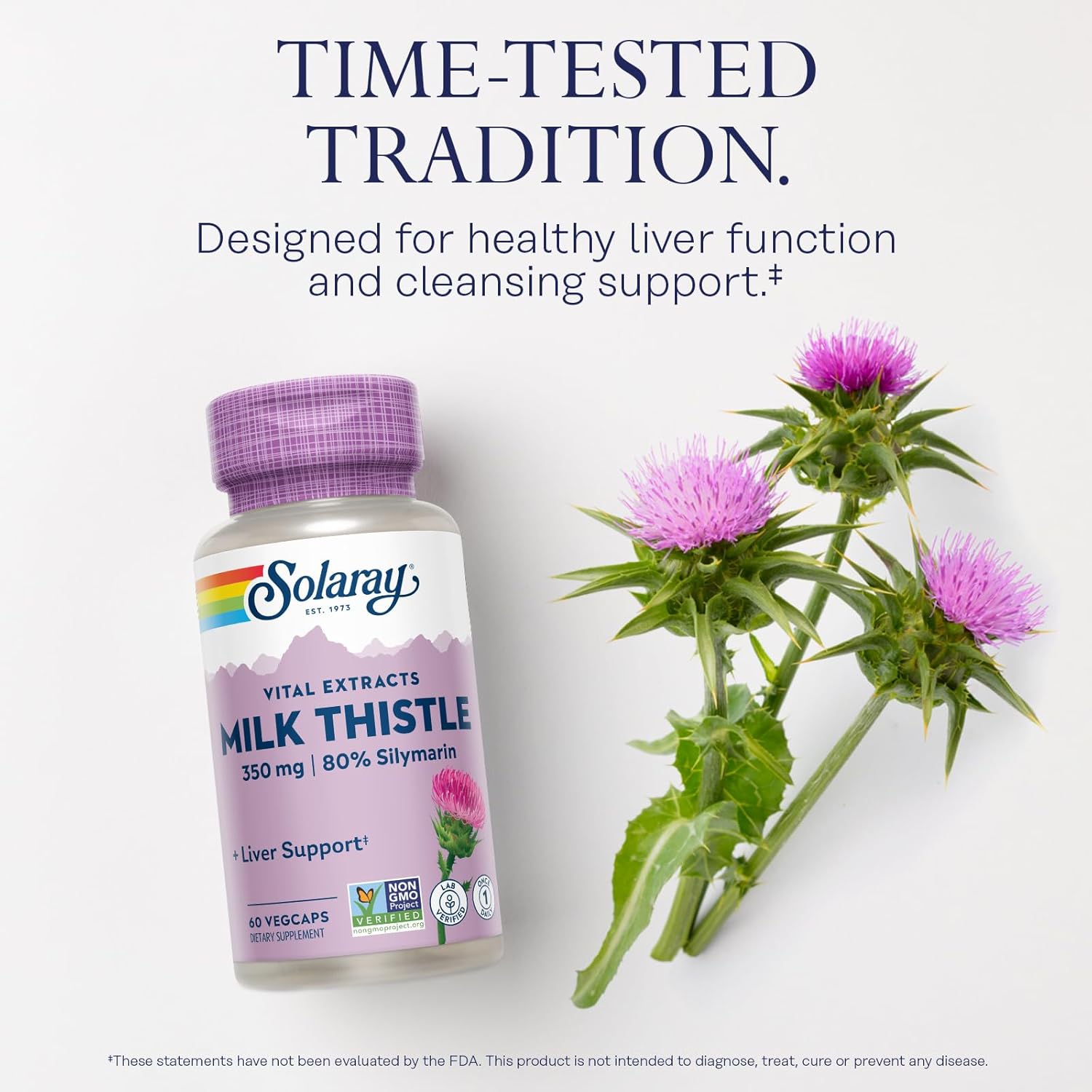 SOLARAY Milk Thistle Seed Extract 350 Mg Guaranteed to Contain 80% Silymarin, Traditional Liver Support, Vegan & Lab Verified for Quality, 60 Day Money-Back Guarantee, 60 Servings, 60 Vegcaps