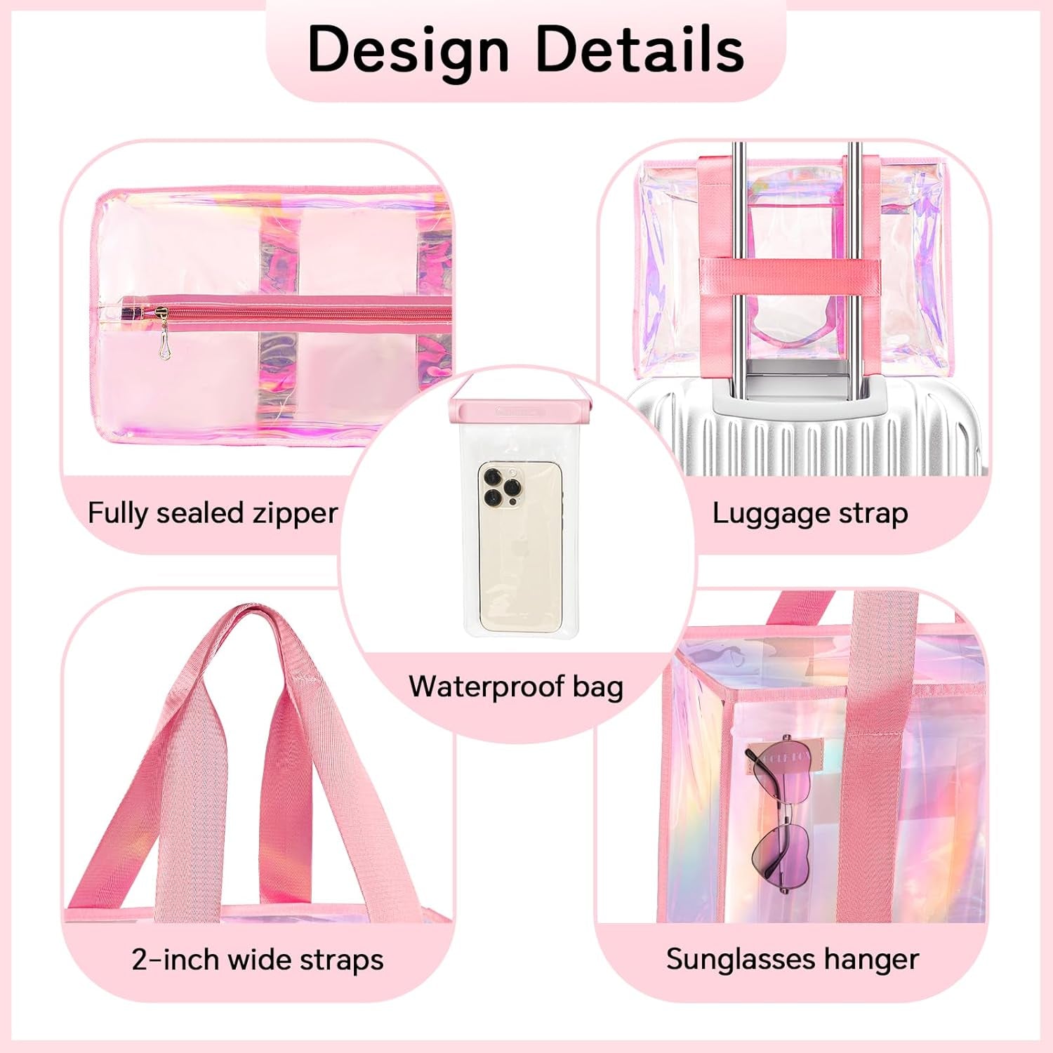 26L Extra Large Iridescent Beach Bag Set- Pink Tote Bag with Zipper - Perfect Beach Essentials for Family (1, Pink)