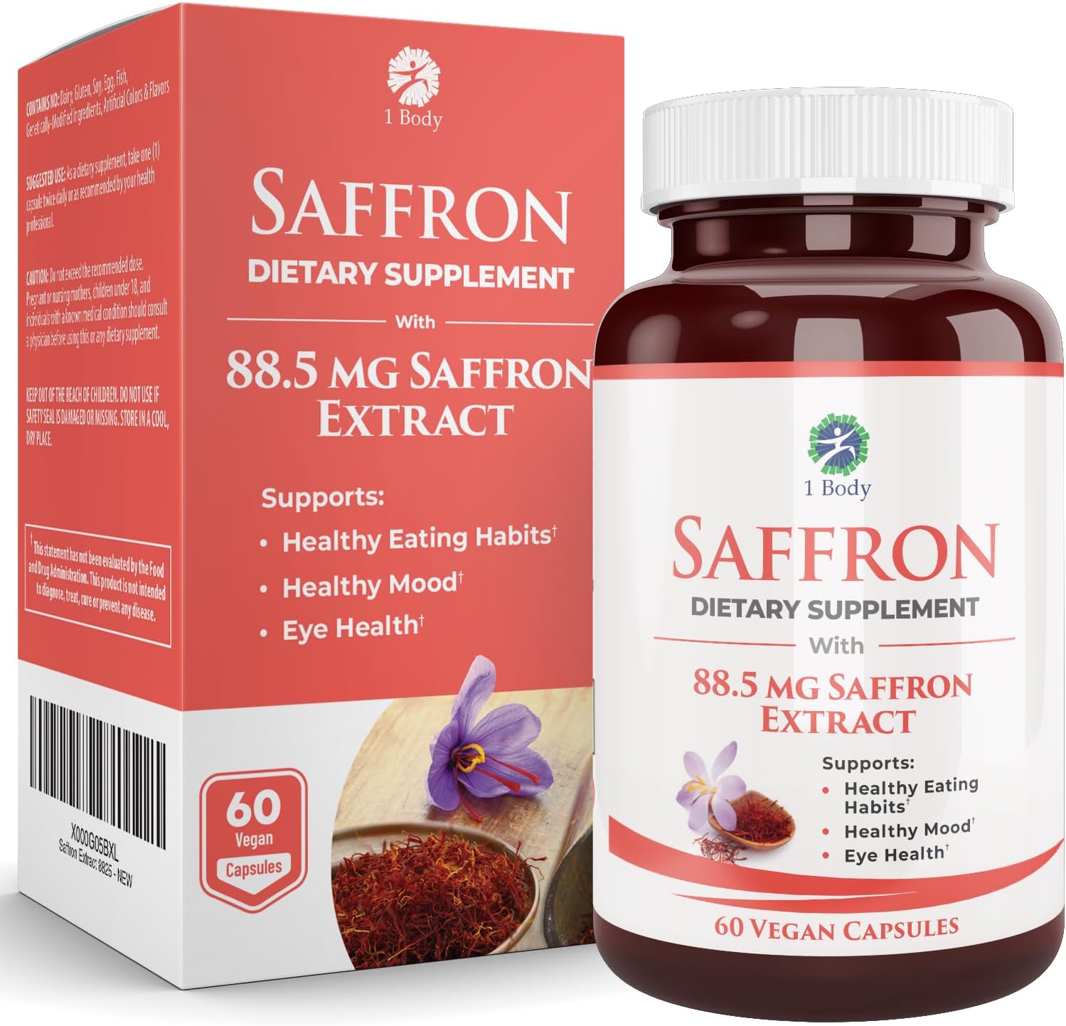 1 Body Saffron Extract Supplement, 88.5 Mg Safranal, Antioxidant and Mood Support, Vegetarian Capsules