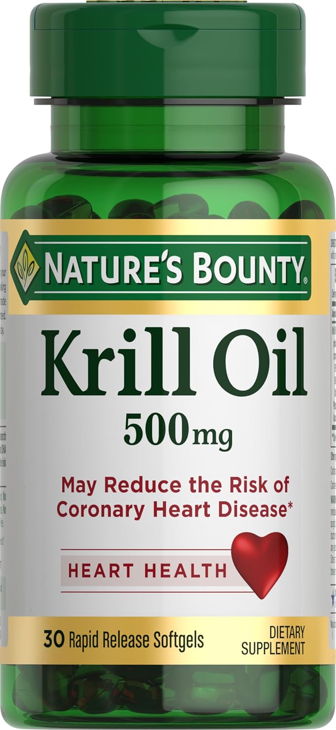 Nature'S Bounty Krill Oil, Heart Health, Dietary Supplement, 500Mg, Rapid Release Softgels, 30 Count