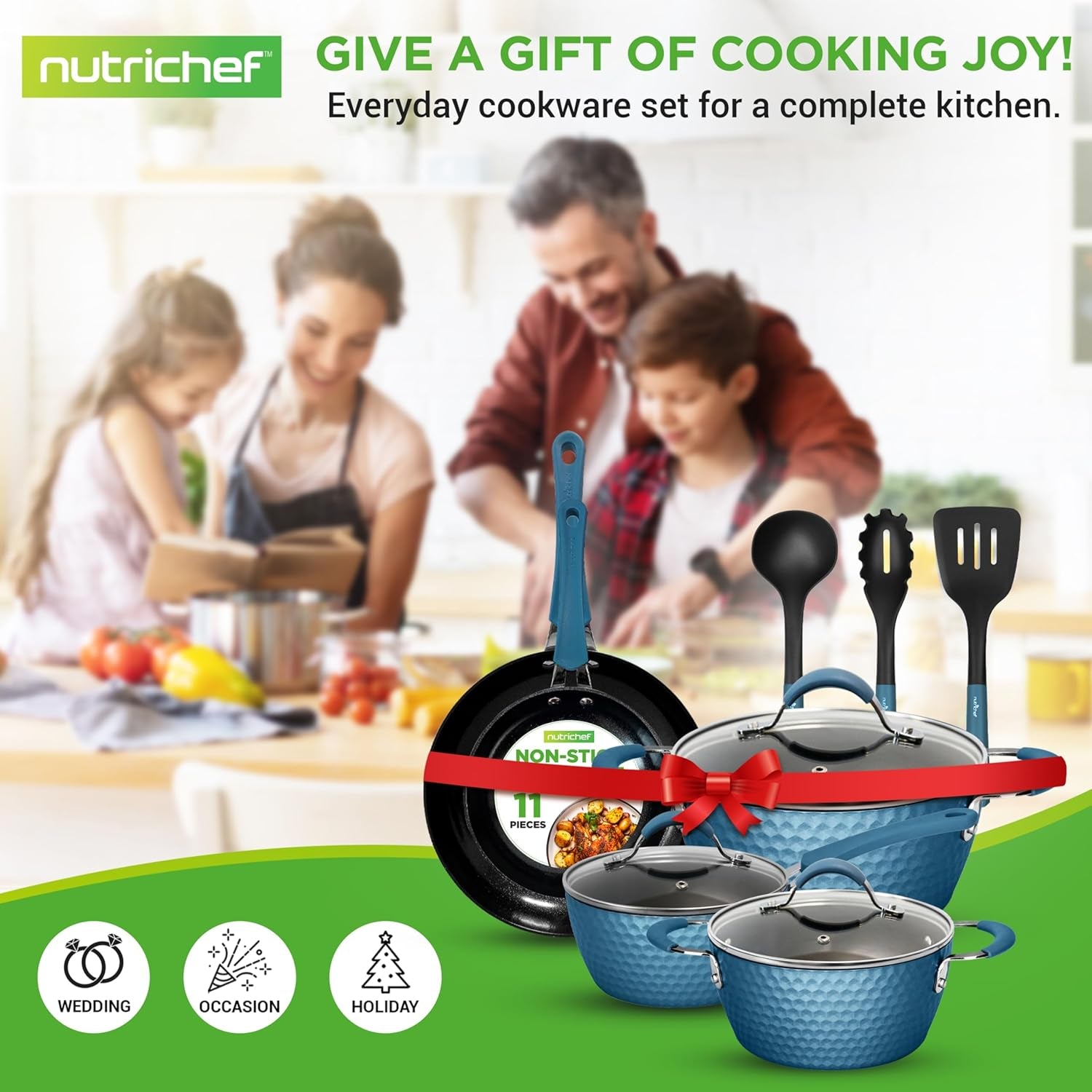 Nutrichef 11 Pc Pots and Pans Set Non Stick Cookware with Ceramic Coating, Ergonomic Handles, Induction Ready, Includes Saucepan, Dutch Oven, Large & Small Fry Pans, Royal Blue