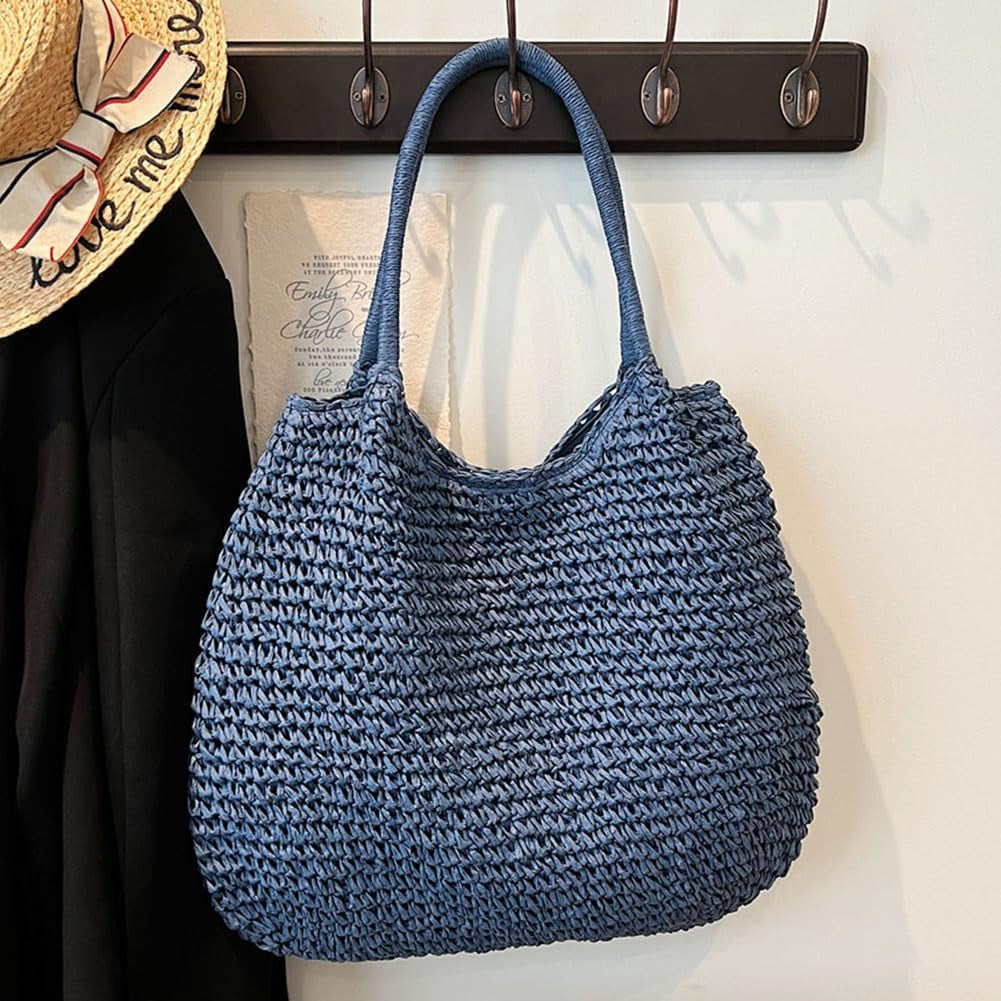 Women Straw Vintage Shoulder Tote Handbag Large Capacity Crochet Beach Travel Tote Handbag Hasp Closure Simple Weaving