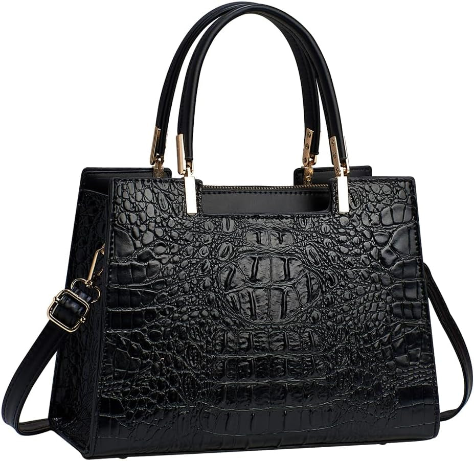 Women'S PU Leather Black Handbag - Crocodile Texture Tote Bag for Women with Top Handles and Adjustable Shoulder Strap, Stylish Satchel for Daily Use and Work