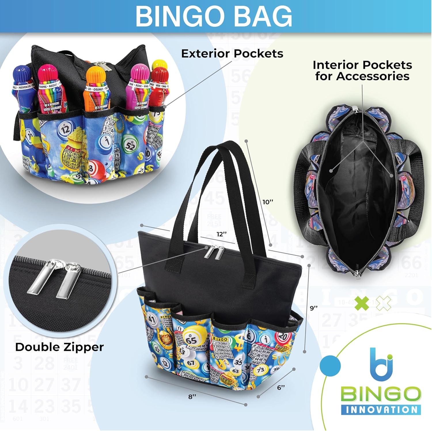 I Love Bingo Pink Tote Bag with 10 Pockets for Daubers, Markers & Accessories – Durable Bingo Bag with Zipper, Portable Bingo Gift for Women, Seniors & Players