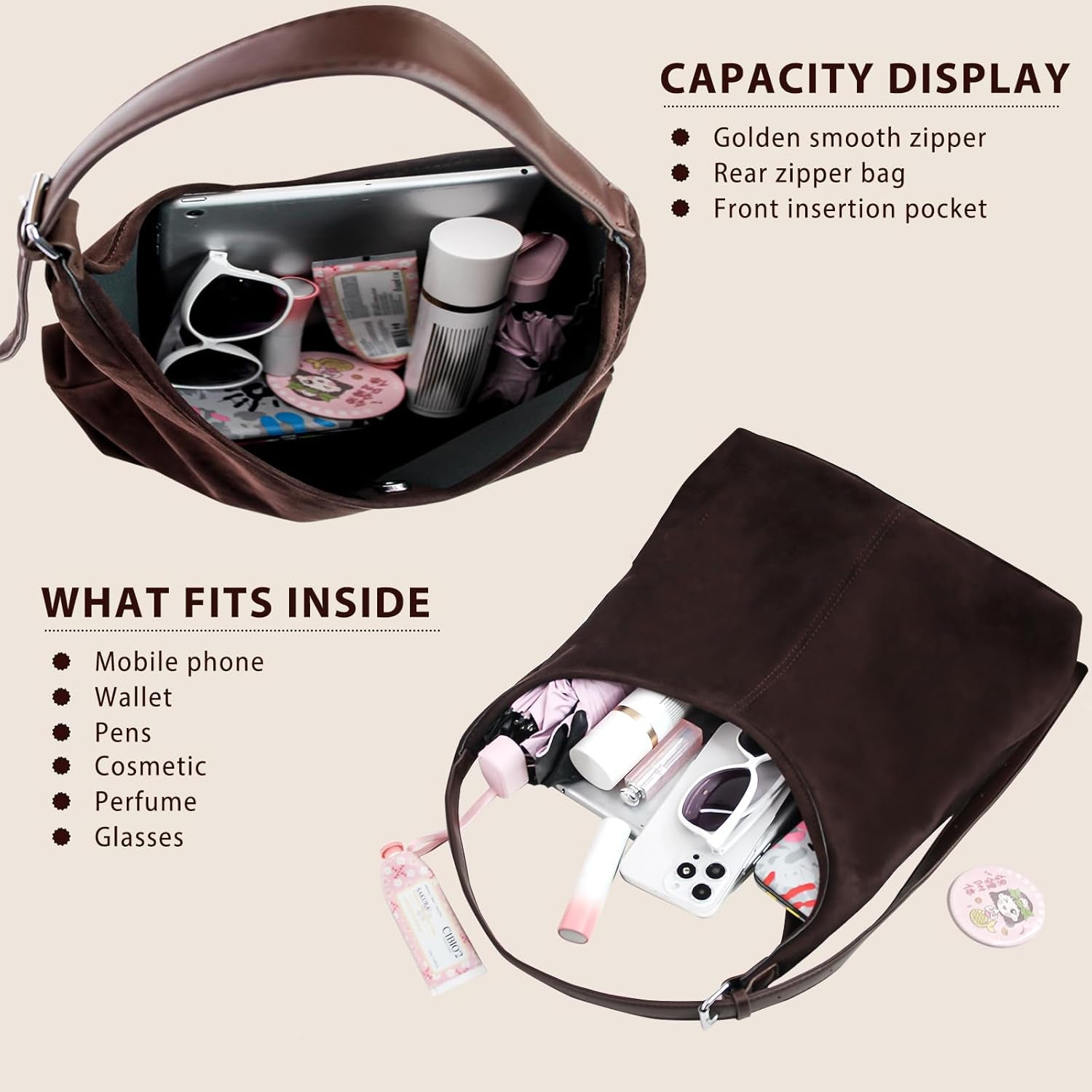 2PCS Brown Suede Bags for Women - Trendy Adjustable Strap Hobo Tote Shoulder Handbag, Fall Winter Faux Suede Purse with Pouch