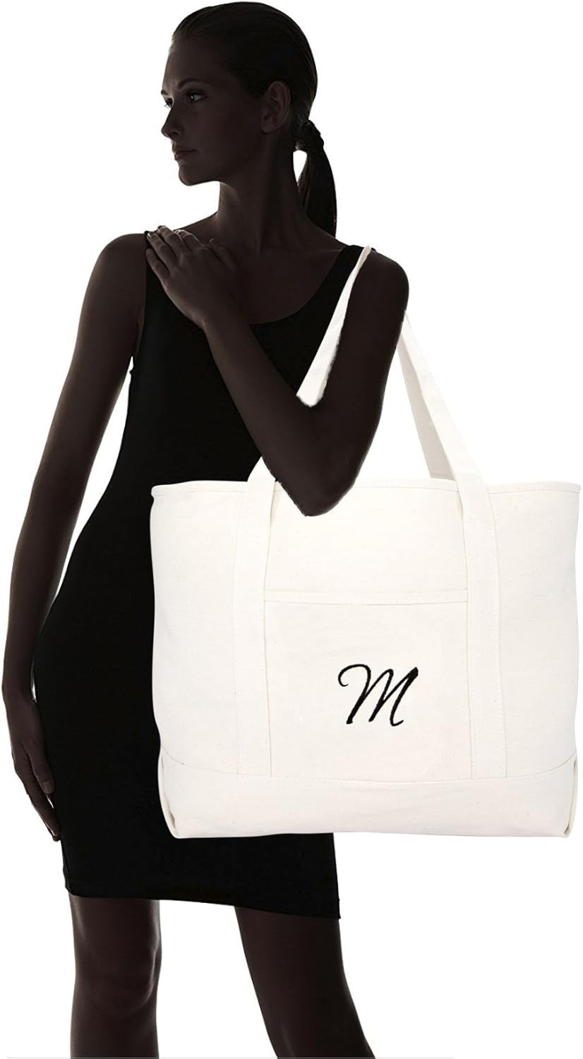 DALIX Monogram Bag Personalized Totes for Women Open Top Natural Letter A-Z