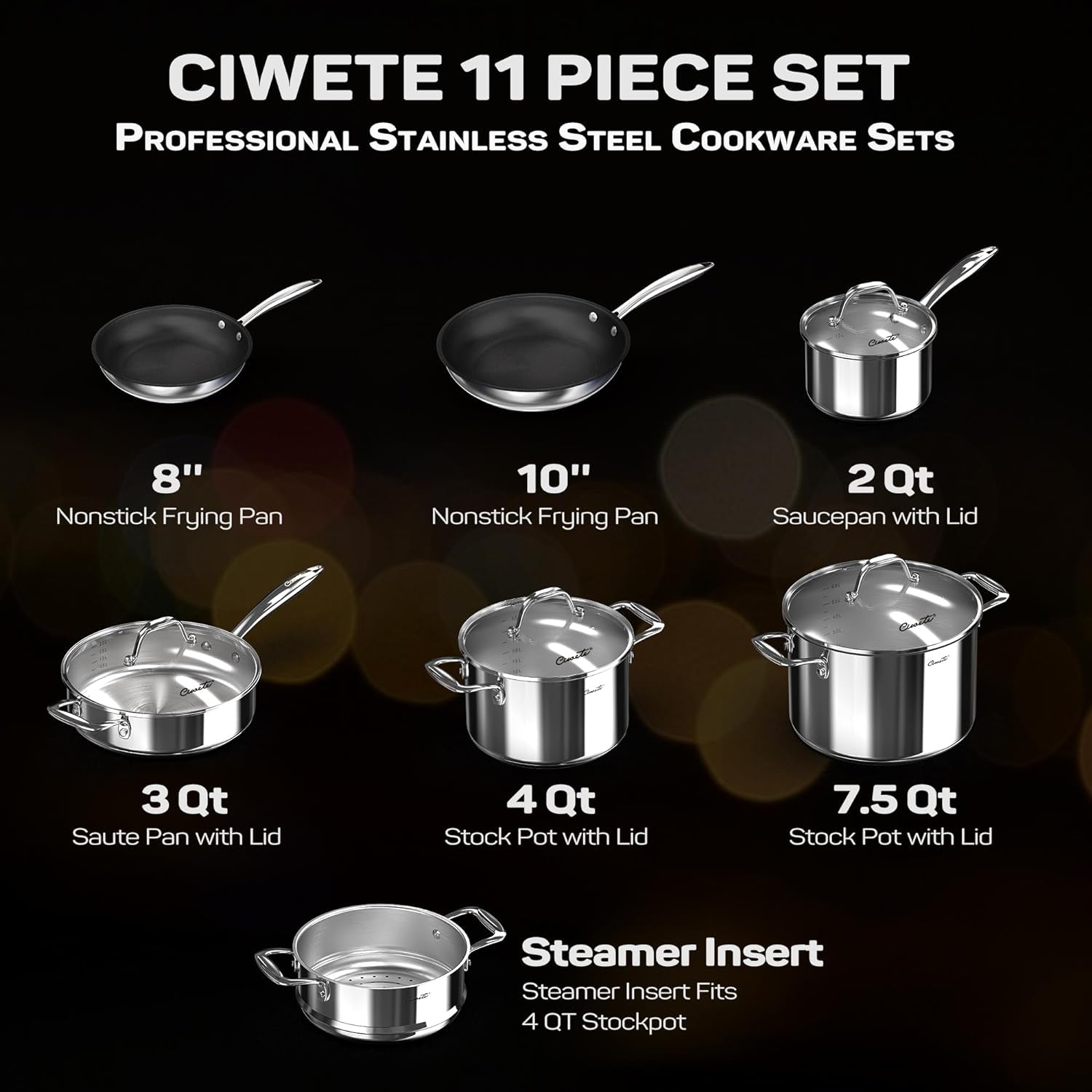 Stainless Steel Nonstick Pots and Pans Set - 11PC, 18/10 Triple Ply Stainless Steel Induction Cookware Set, Kitchen Cookware Sets with Steamer Insert/Stay-Cool Handles, Dishwasher Safe