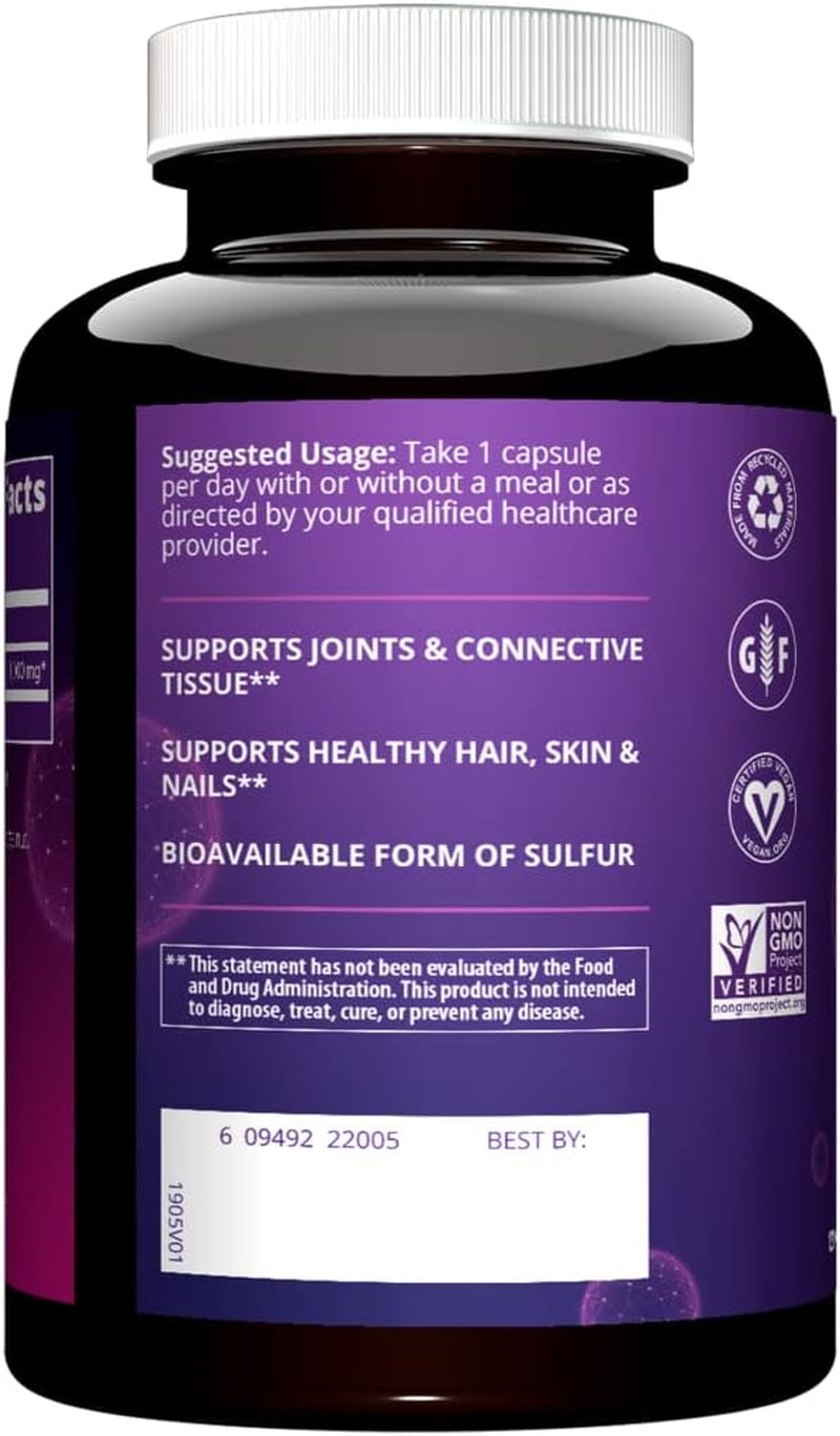 MRM Nutrition MSM 1000Mg | Pure Methyl-Sulfonyl-Methane Capsules | Joint, Hair, Skin & Nail Support | Bioavailable Sulfur Supplement | Vegan + Gluten-Free | 120 Servings
