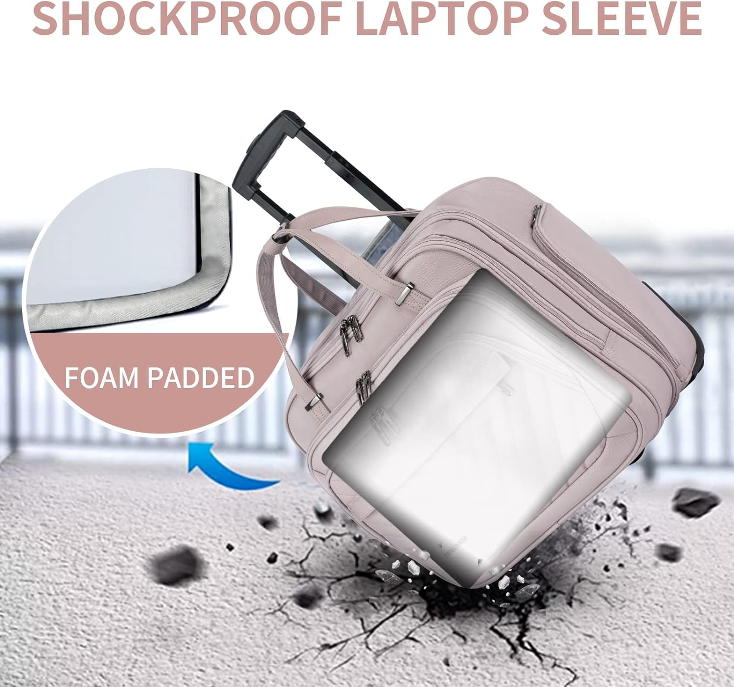 VANKEAN Laptop Bag Women with Wheels, 15.6 Inch Rolling Briefcase for Women, Water Repellent Overnight Rolling Computer Bag with RFID Pockets for Travel Business Work School, Light Dusty Pink
