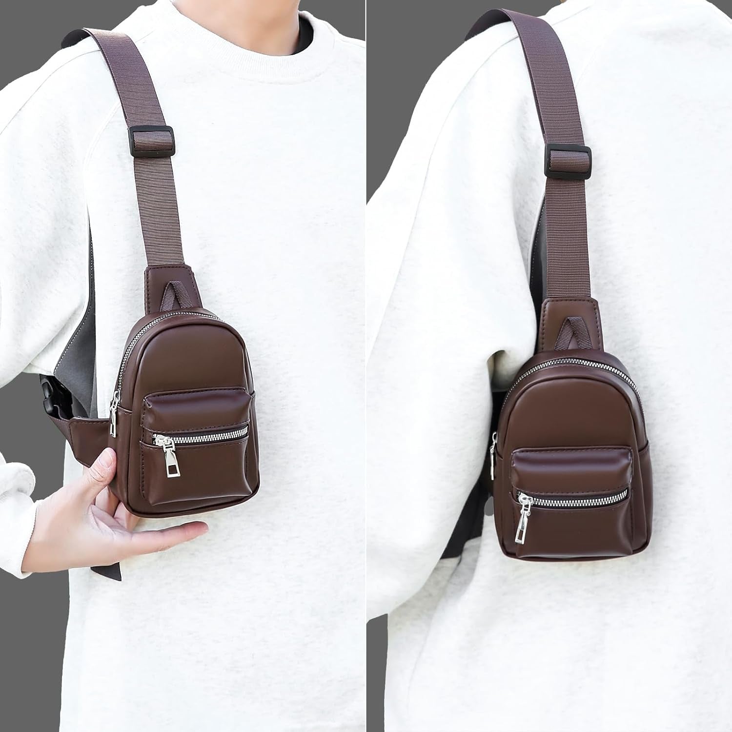 Peicees Mini Leather Sling Bag for Men Women Travel Daily Crossbody Bag Phone Holder