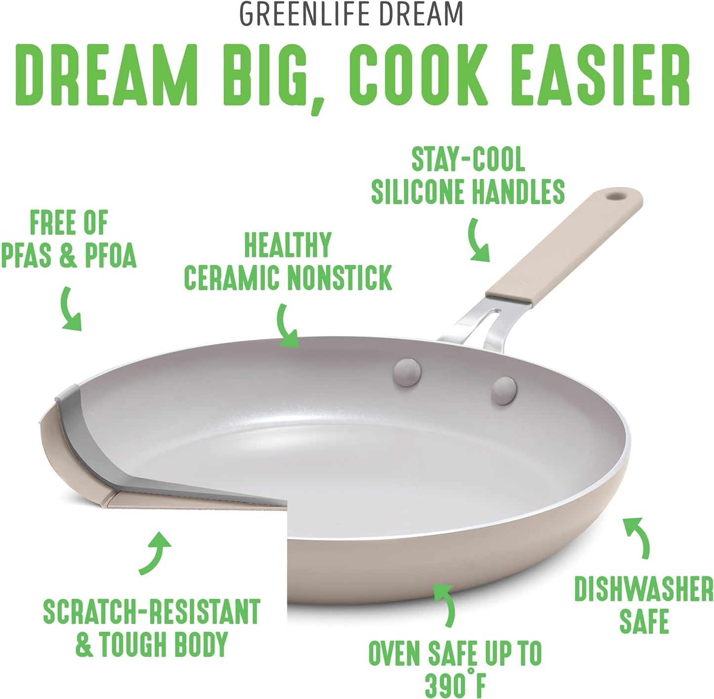 Greenlife Dream 10-Piece Ceramic Nonstick Cookware Set, Pots Frying & Sauce Pans, Pfas-Free & Pfoa-Free, Dishwasher & Oven Safe, Stay-Cool Handles, Durable Aluminum Body, Versatile Cooking, Taupe