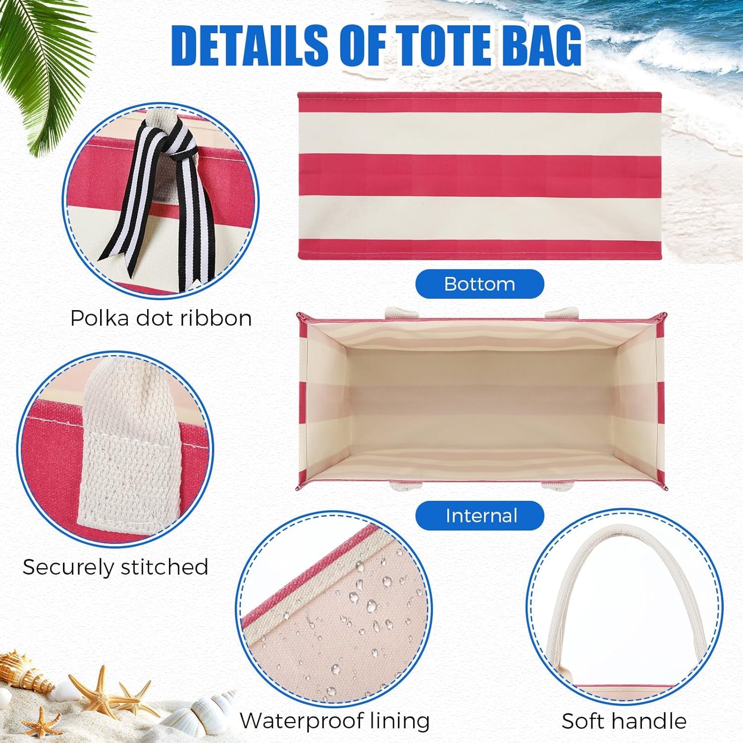 10 Pcs Canvas Tote Bags Bulk for Women Canvas 17 X 12 X 8 Inch Waterproof Stripe Sandproof Large Beach Tote Bags with Handle for Wedding Bridesmaid Birthday Summer