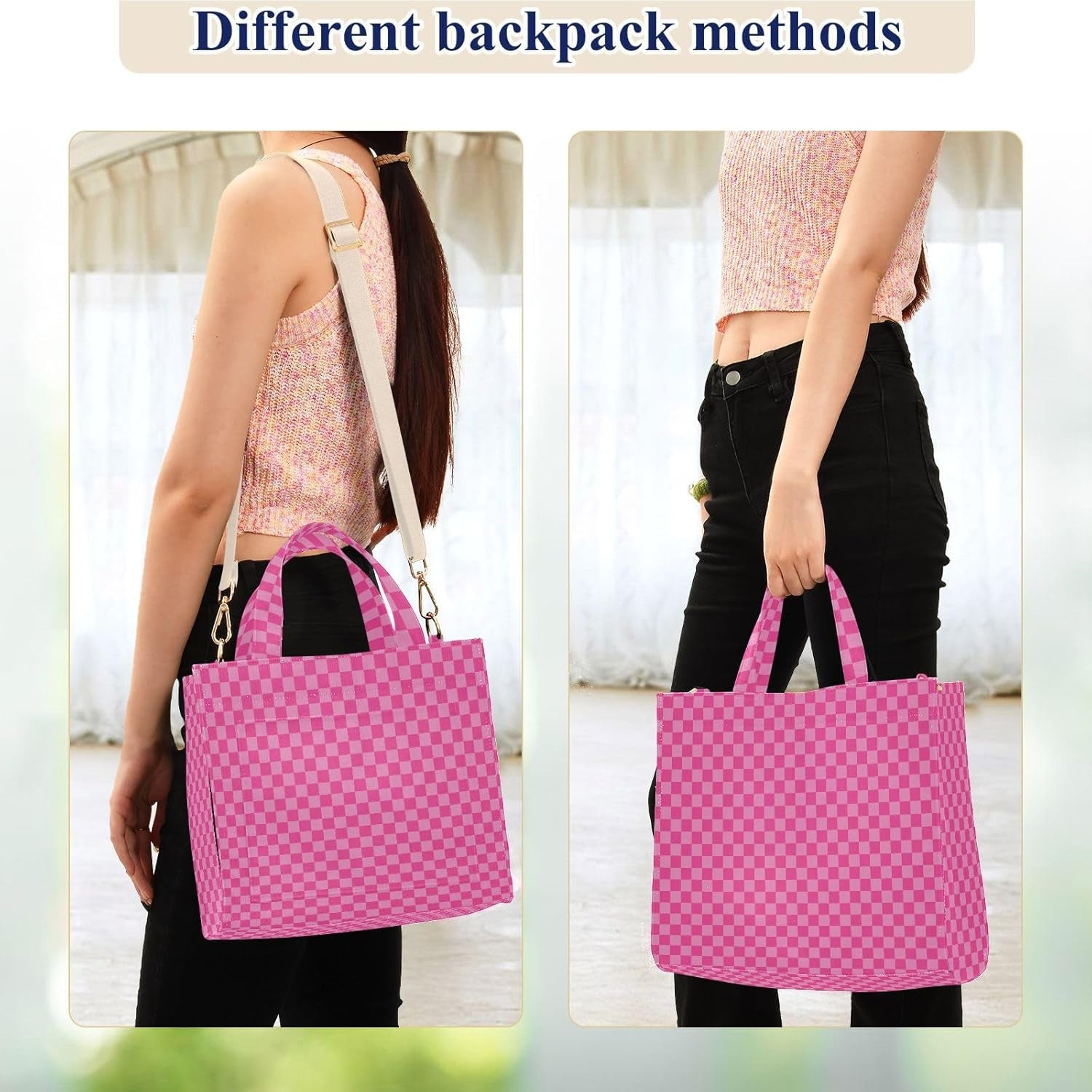 Pink Checkered Tote Bag for Women Large Corduroy Canvas Tote Bag Teacher Crossbody Bag for Office Travel College