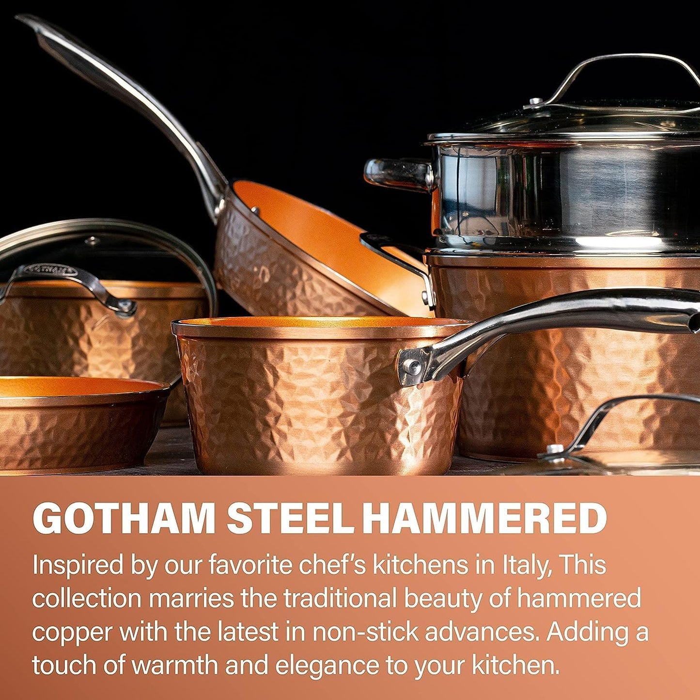 Gotham Steel Hammered Copper 10 Pc Pots and Pans Set Non Stick Cookware Set, Non Toxic Ceramic Cookware Set, Kitchen Cookware Sets with Induction Cookware, Pot and Pan Set, Oven/Dishwasher Safe