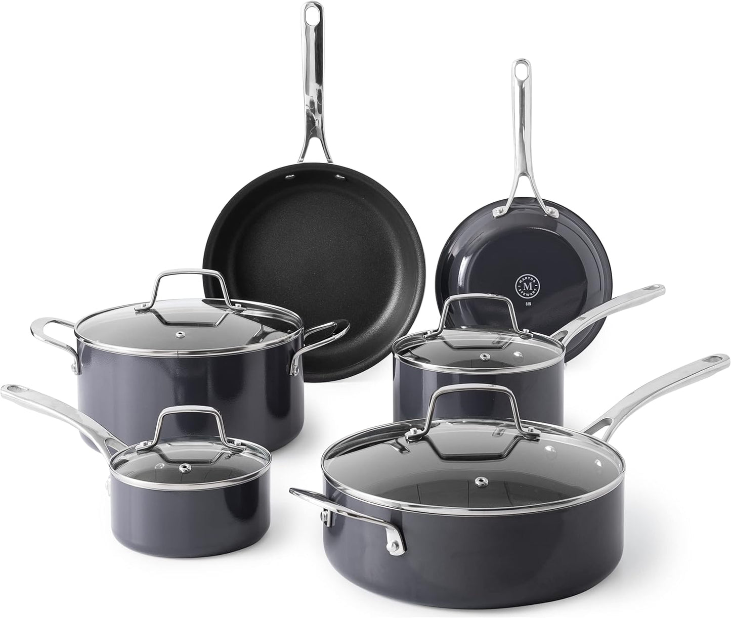 Martha Stewart Lockton Premium Nonstick 10 Piece Enamel Heavy Gauge Aluminum Pots and Pans Cookware Set - Grey