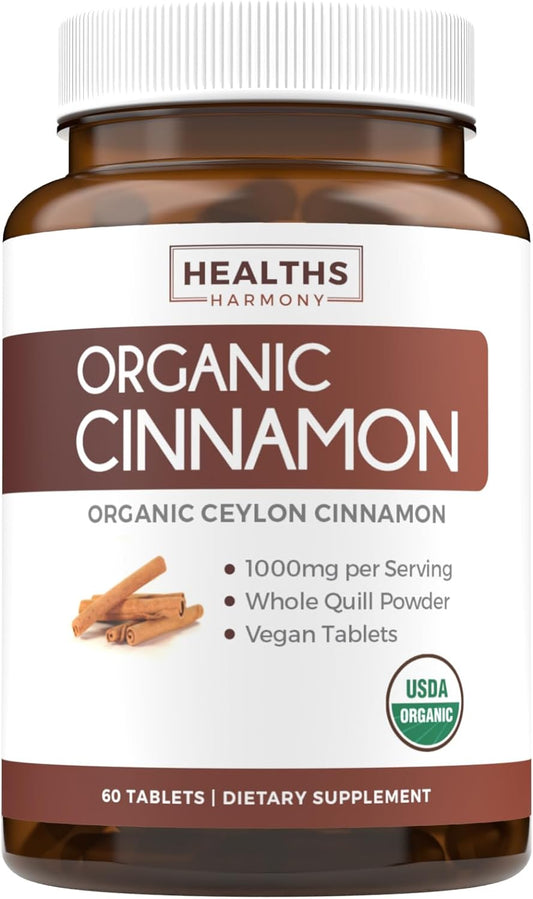 USDA Organic Ceylon Cinnamon (60 Tablets) 1000Mg Cinnamon Quill Powder per Serving - Natural Cinnamon Supplements for Effective Metabolism, Cognative, Joint, Immune Support - (No Capsules or Pills)