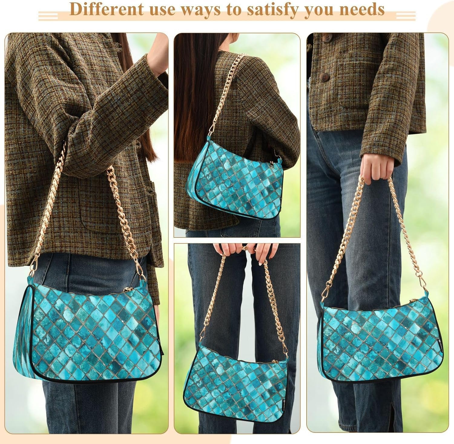 Shoulder Bags for Women Turquoise Blue Hobo Tote Handbag Small Clutch Purse with Zipper Closure