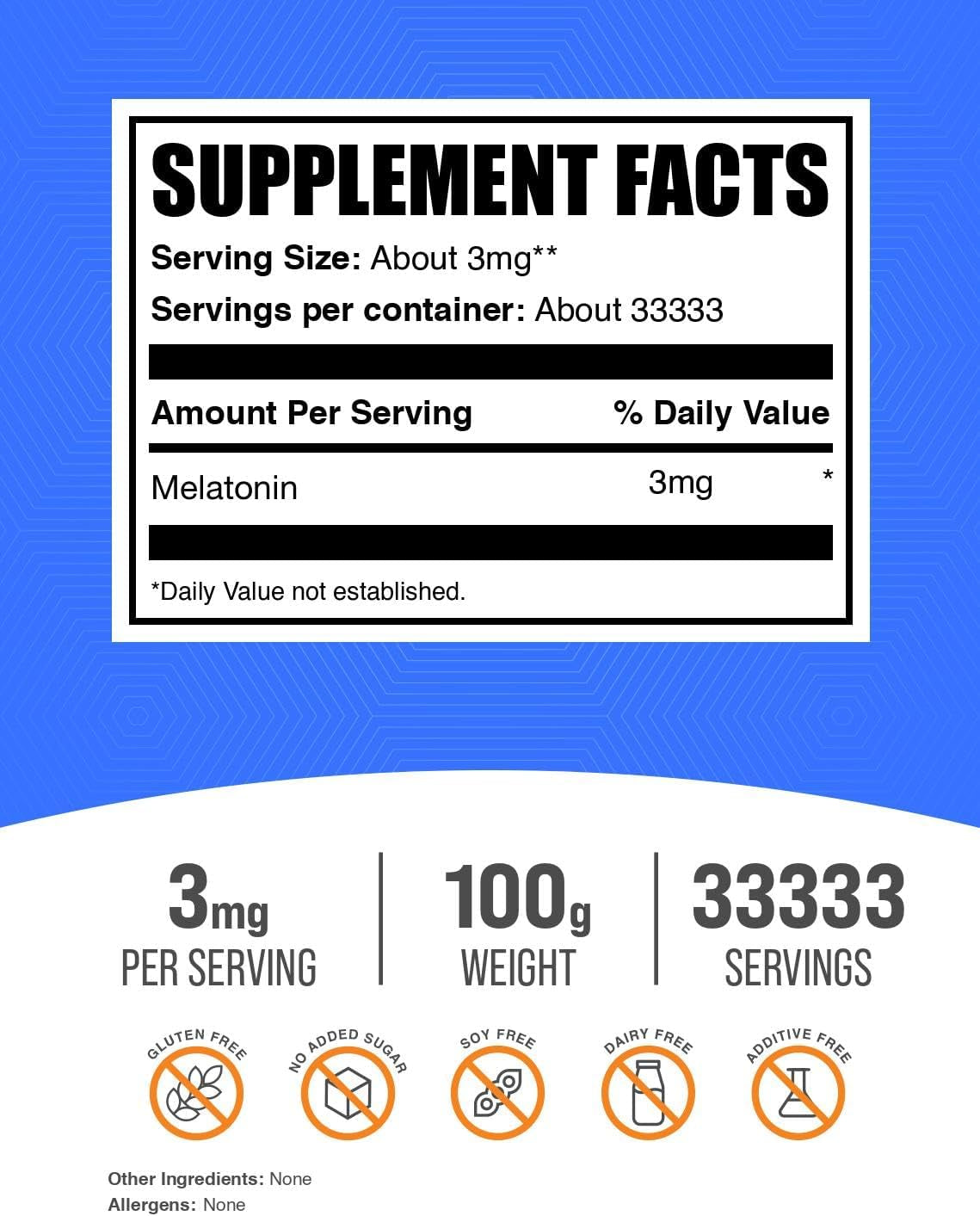 Bulksupplements.Com Melatonin Powder - Pure Melatonin, Sleep Aid for Adults - Vegan & Gluten Free, 3Mg per Serving, 100G (3.5 Oz) (Pack of 1)
