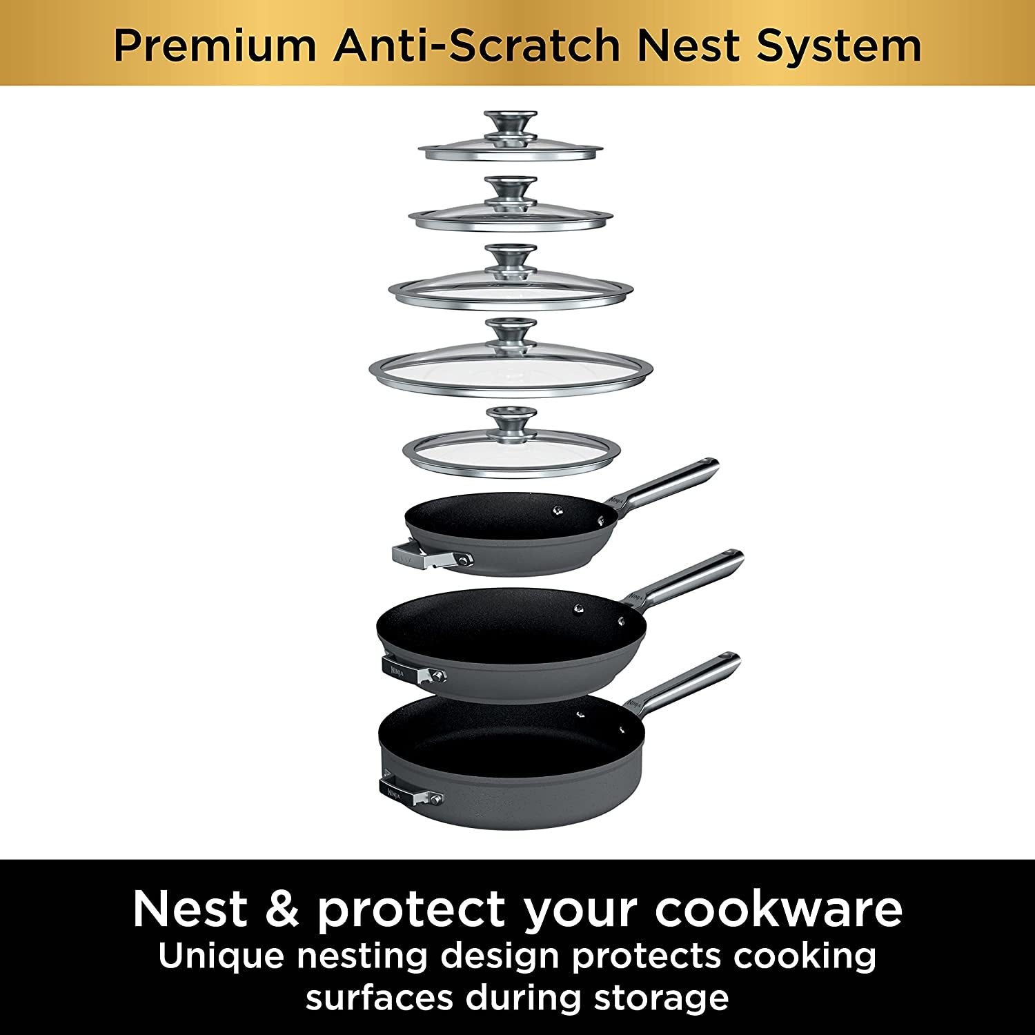 Ninja C53300 Foodi Neverstick Premium 3-Piece Cookware Set with Glass Lid, Anti-Scratch Nest System, Hard-Anodized, Nonstick, Durable & Oven Safe to 500°F, Slate Grey