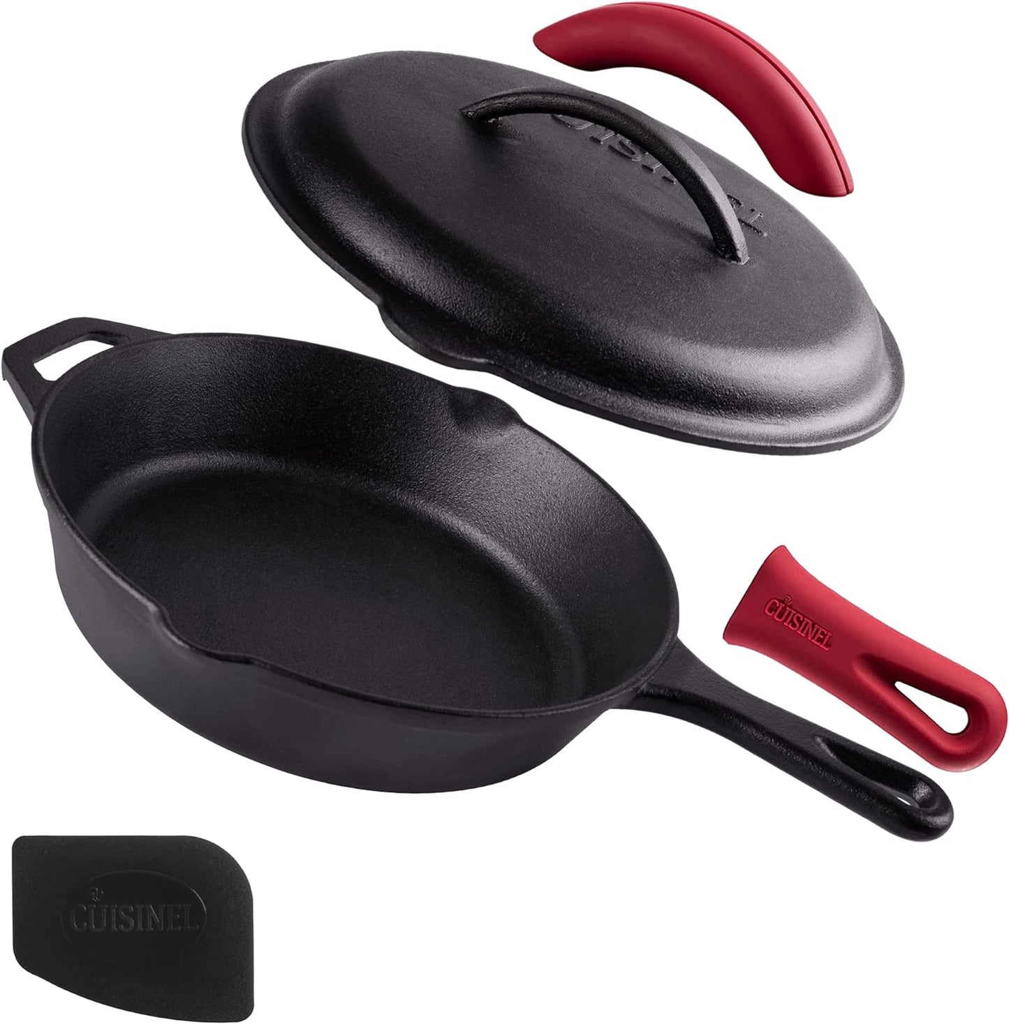 Cuisinel Cast Iron Skillet with Lid - 10"-Inch Pre-Seasoned Covered Frying Pan Set + Silicone Handle and Lid Holders + Scraper/Cleaner - Use Indoor/Outdoor, Oven, Stove, BBQ, Fire, Grill Cookware