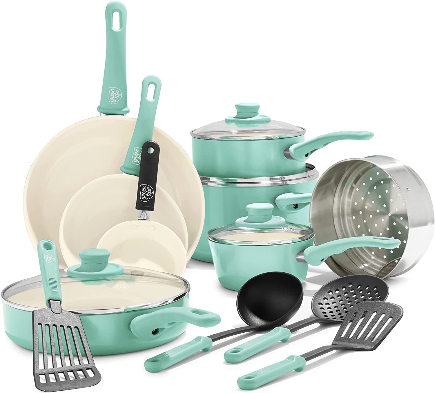 Greenlife Soft Grip Healthy Ceramic Nonstick 16 Piece Kitchen Cookware Pots and Frying Sauce Saute Pans Set, Pfas-Free with Kitchen Utensils and Lid, Dishwasher Safe, Turquoise