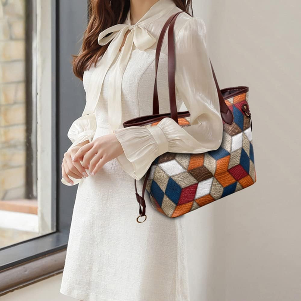 2Pcs Tote Purse and Handbag Set for Women PU Splicing Color Block Shoulder Bags Clutch Wallet