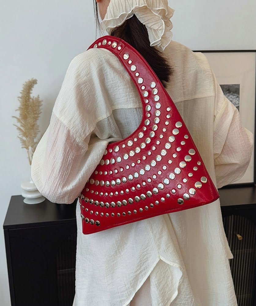 Y2K Crescent Hobo Bags Women 90S Trendy Studded Shoulder Satchels Crossbody Purse PU Leather Punk Underarm Tote Handbag