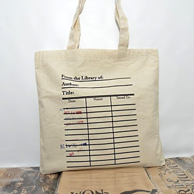 Universal Zone Library Card Tote Bag with Vintage Due Date Stamps, Book Lover Canvas Bag, Literary Handbag, Reusable Book Tote
