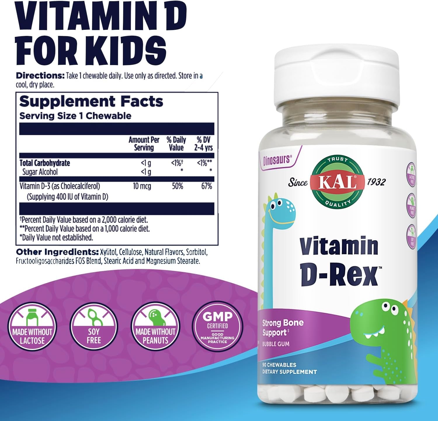 KAL Vitamin D-Rex Chewable, Childrens Vitamins 400 IU D-3, Bubble Gum Flavor, Strong Bone & Immune Support, Lactose/Peanut/Soy Free, 60-Day Guarantee, 90 Servings, 90 Dinosaur Shape Chewables