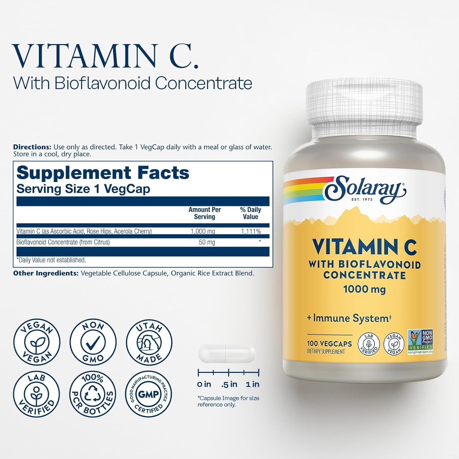 SOLARAY Vitamin C 1000Mg with Bioflavonoids Concentrate - Vitamin C Capsules with Rose HIPS and Acerola Cherry - Antioxidant, Heart Health and Immune Support Supplement, Vegan, Non-Gmo, 100 Servings