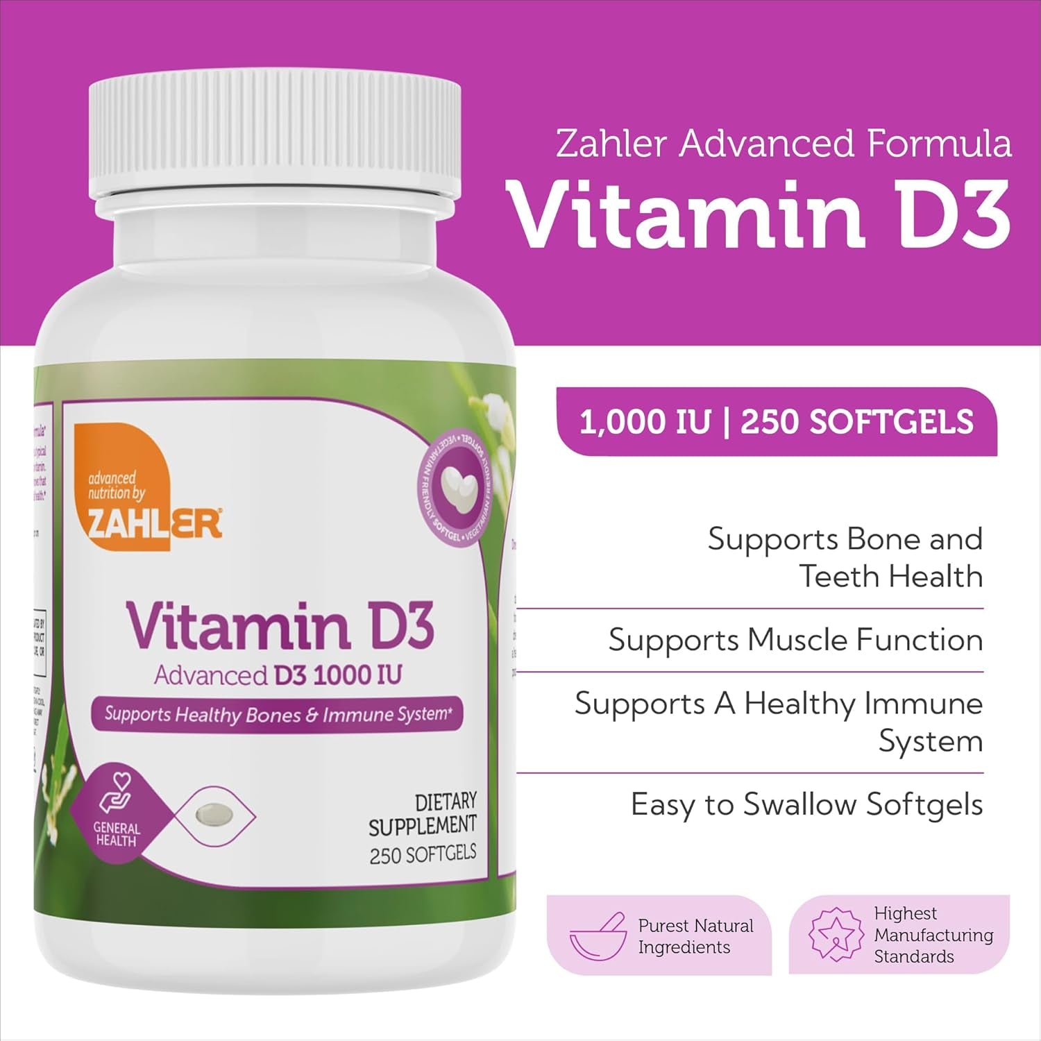 Zahler - Advanced Vitamin D3 1000 IU Softgels (250 Count) Kosher Vegetarian Friendly Vitamin D for Immune Support, Bone, Teeth & Muscle Health - Daily D3 Vitamin Supplement for Adults - Easy Swallow V