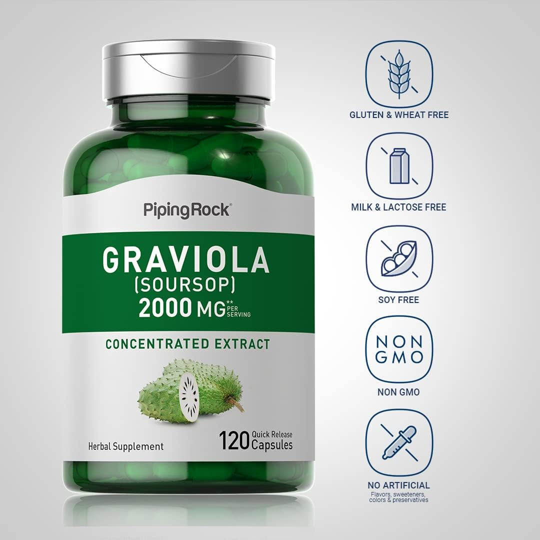 Piping Rock Graviola Soursop Capsules | 2000 Mg | 120 Count | Leaf Supplement | Concentrated Herbal Fruit Extract | Non-Gmo, Gluten Free