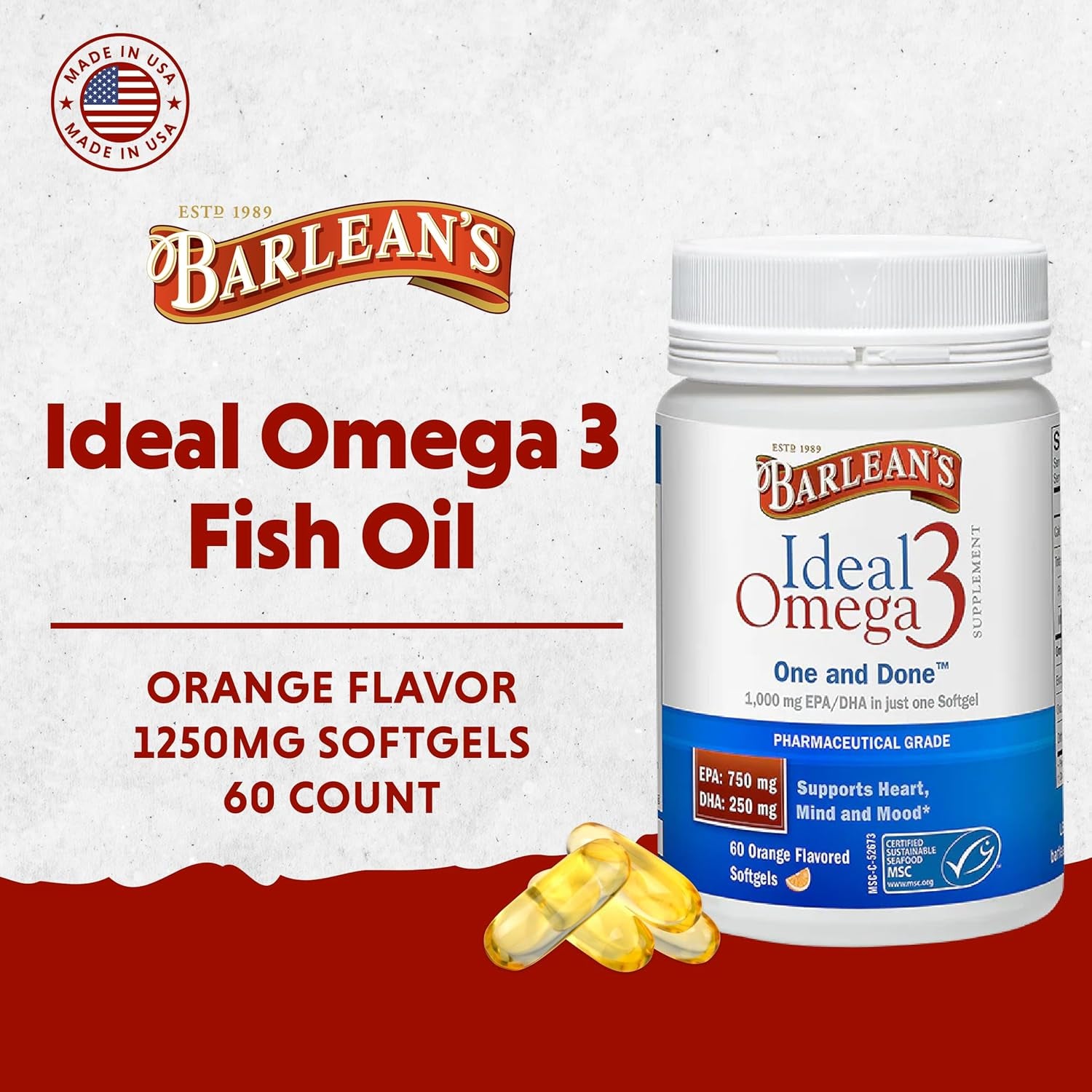 Barlean'S Ideal Omega 3 Fish Oil Supplement, 1,000 Mg Softgels, Pharmaceutical Grade EPA & DHA for Brain, Joint, & Heart Health, Orange Flavor, 60 Ct