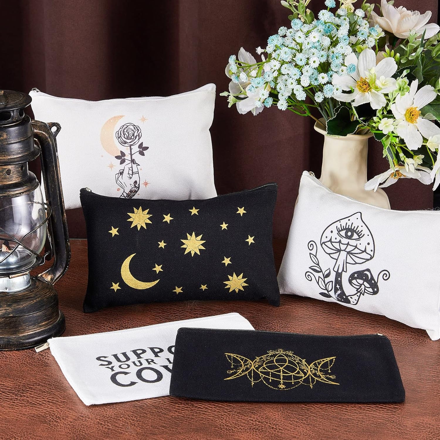 18 Pieces Moon Witch Zipper Pouch Bag Tarot Cards Phase Bag Witch Purse Gothic Aesthetic Canvas Makeup Bags Witchy Crystals Toiletry Bags Witchcraft Snake Cosmetic Bags for Women Girls