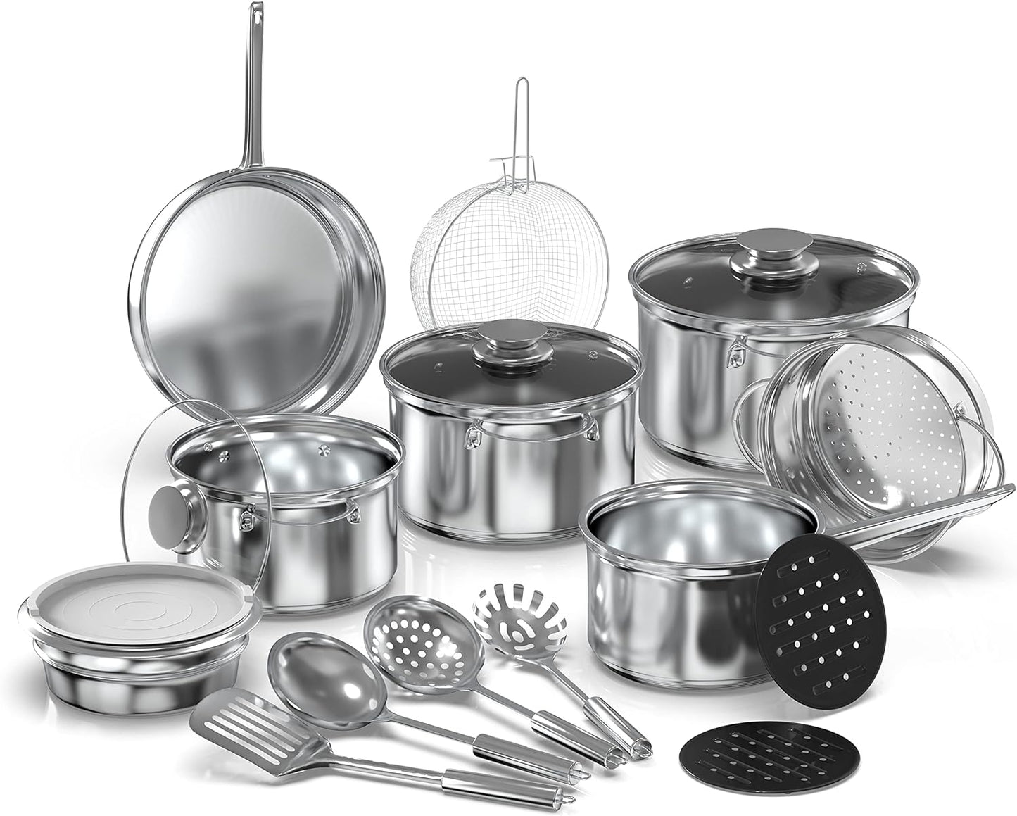 18-Piece Stainless Steel Kitchen Cookware Set, Including Saucepan, Casseroles with Tempered Glass Lid, Frypan, Steamer, Salad Bowl with Cover, Fryer Basket, Heat Resistant Mat & Utensils Set, Silver