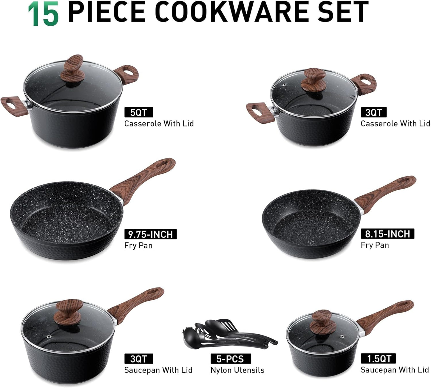 MAISON ARTS Pots and Pans Set Non Stick, 15 Pcs Healthy Non Toxic Hammered Cookware Set, Black Granite Induction Kitchen Cooking Sets