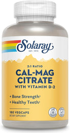 Solaray Calcium Magnesium Citrate 2:1 Ratio - Calcium Supplements for Women and Men W/Magnesium and Vitamin D 2 - Bone Health, Muscle and Nerve Support - Vegan, 60-Day Guarantee, 30 Serv, 180 Vegcaps
