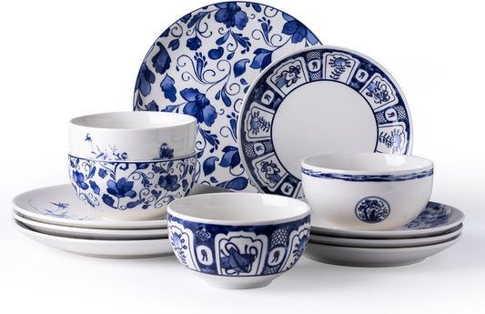 (12Pc) Ceramic Dinnerware Sets,Blue and White Plates and Bowls Set,Highly Chip A