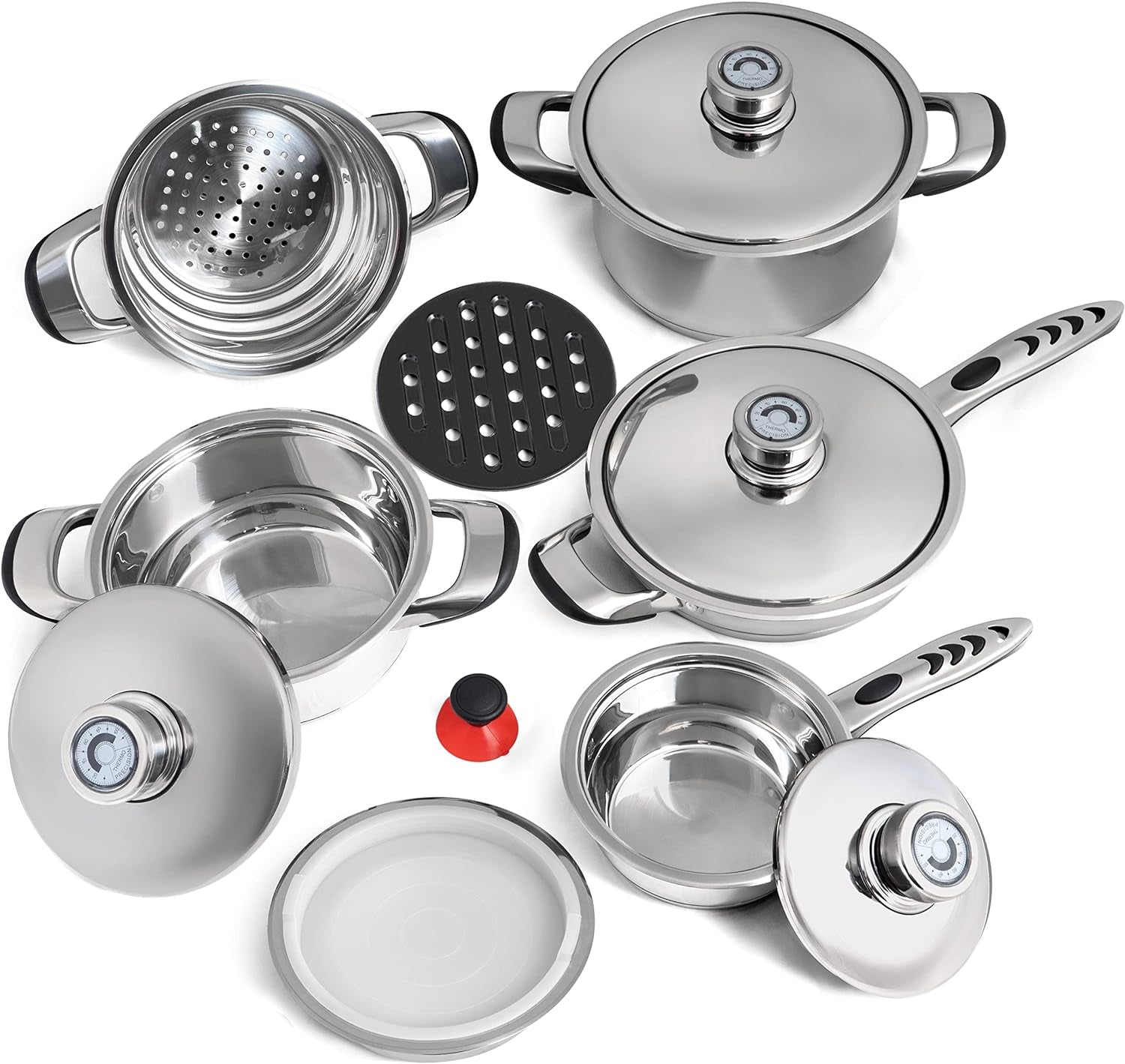 Chef'S Secret 9-Ply Waterless Heavy Gauge Cookware Set, Durable Stainless Steel Construction with Thermo Control Top Knobs, 12-Pieces