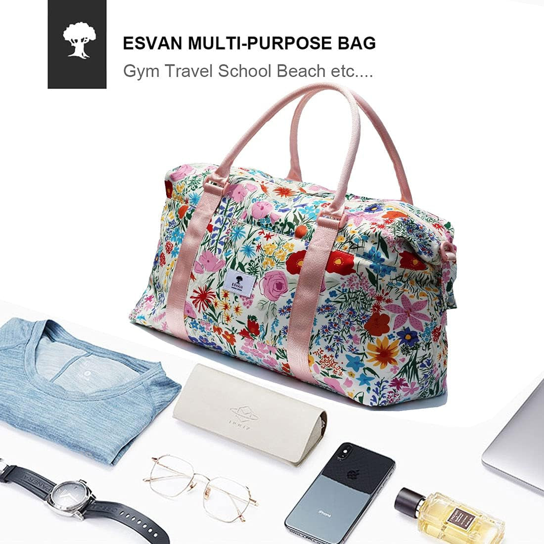 ESVAN Travel Tote Duffel Gym Bag,Weekender Overnight Carry-On Tote Crossbody Bag with Wet Pocket and Trolley Sleeve Upgraded