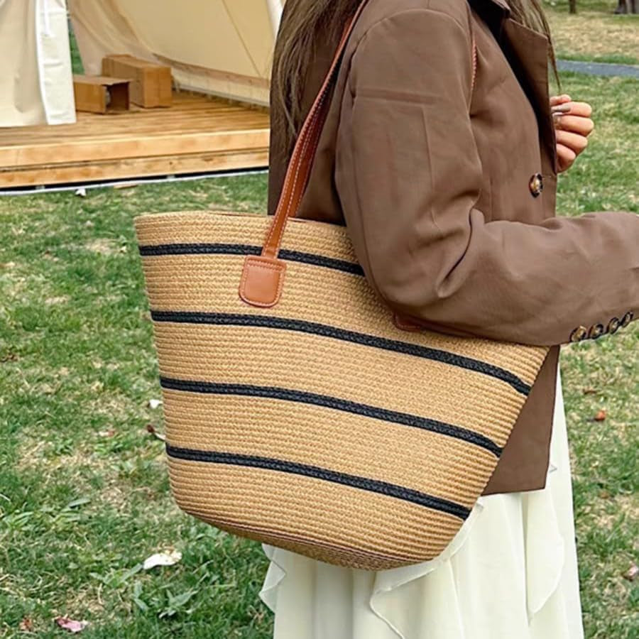 Straw Beach Bag for Women Summer Shoulder Bucket Handbag Straw Tote Bag Woven Shoulder Purses